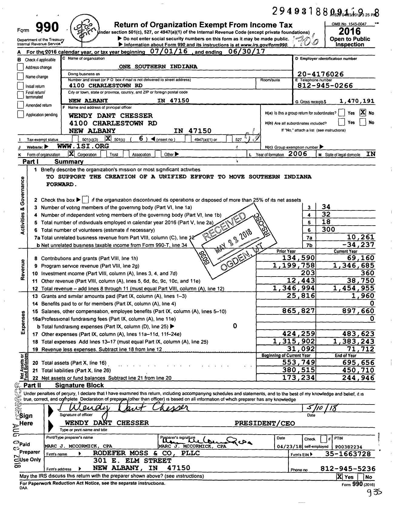 Image of first page of 2016 Form 990O for One Southern Indiana