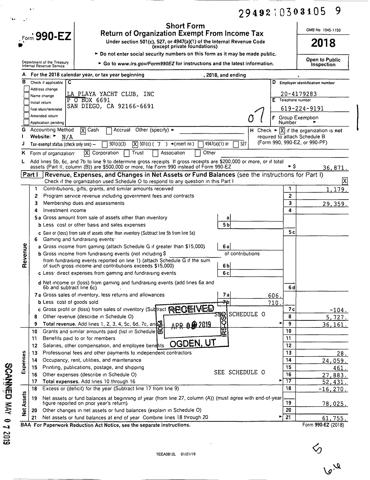 Image of first page of 2018 Form 990EO for La Playa Yacht Club