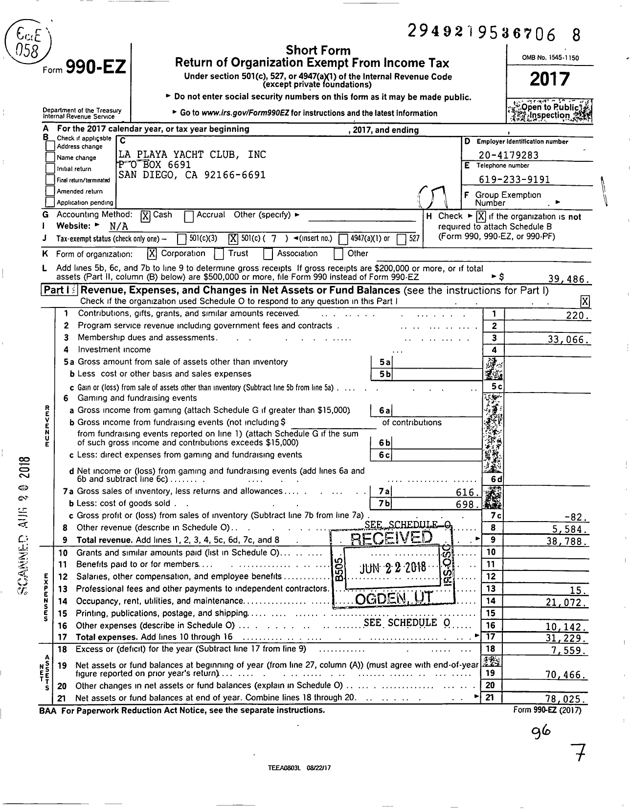 Image of first page of 2017 Form 990EO for La Playa Yacht Club