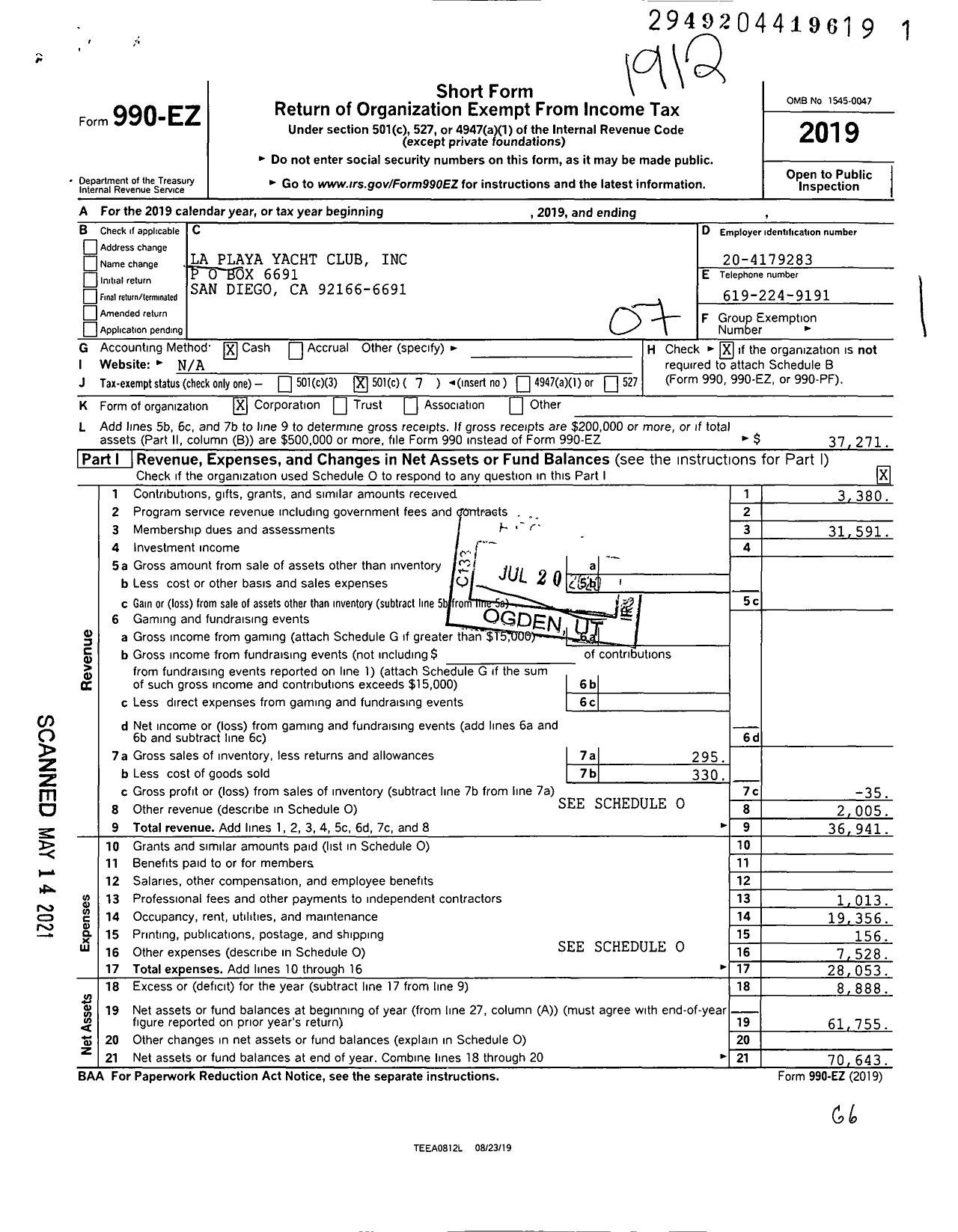 Image of first page of 2019 Form 990EO for La Playa Yacht Club