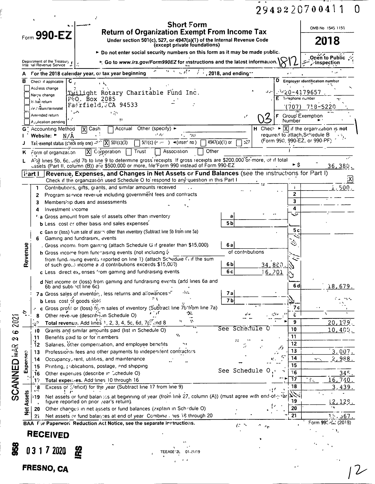 Image of first page of 2018 Form 990EZ for Twilight Rotary Charitable Fund