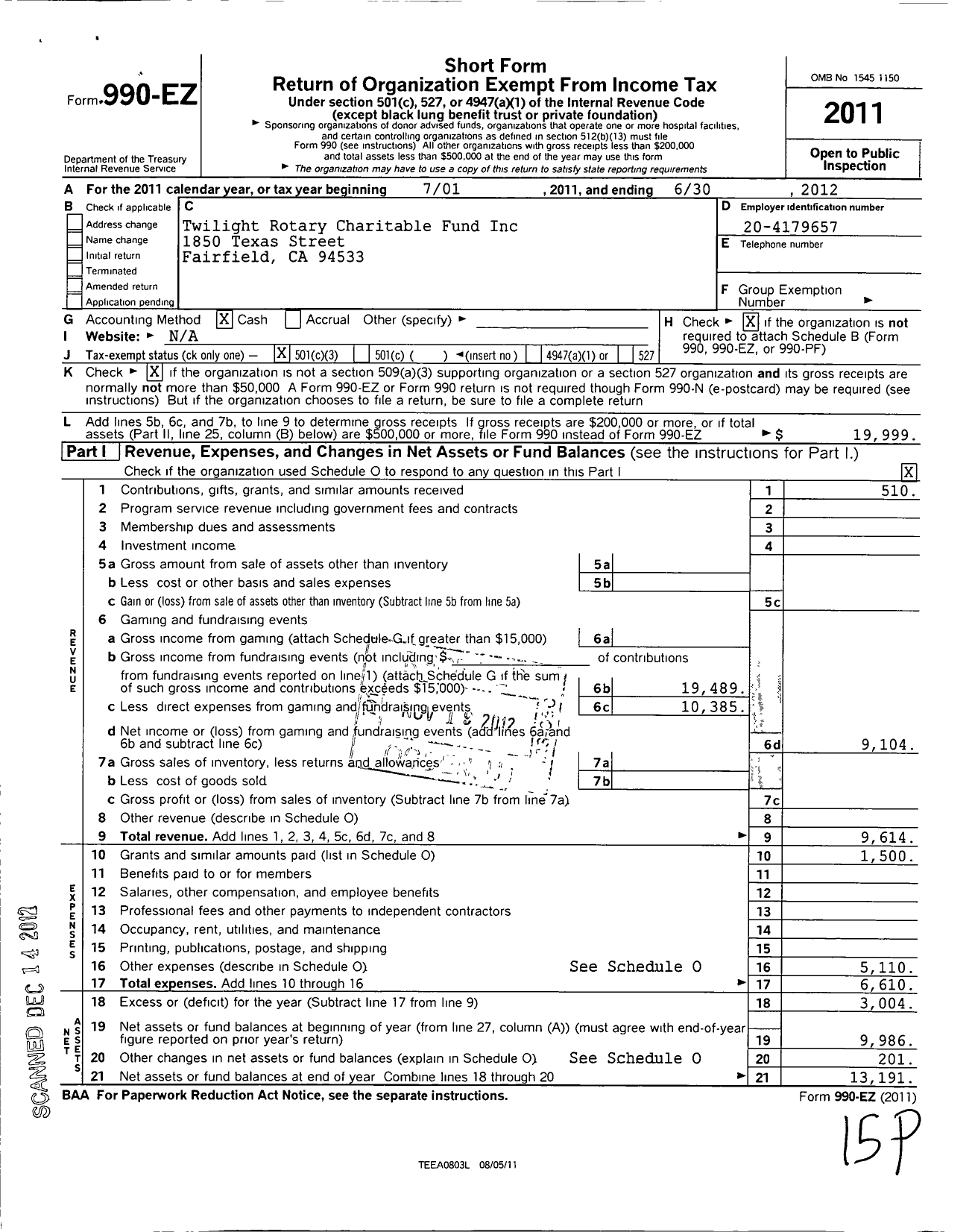 Image of first page of 2011 Form 990EZ for Twilight Rotary Charitable Fund