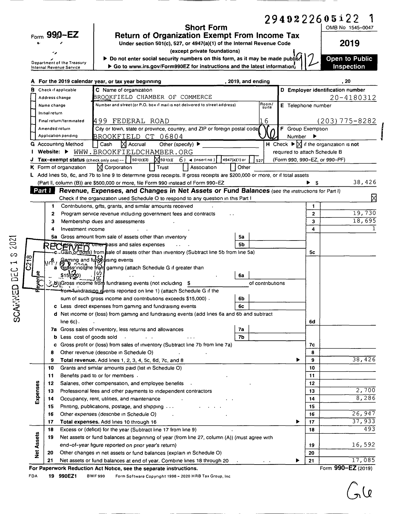 Image of first page of 2019 Form 990EO for Brookfield Chamber of Commerce