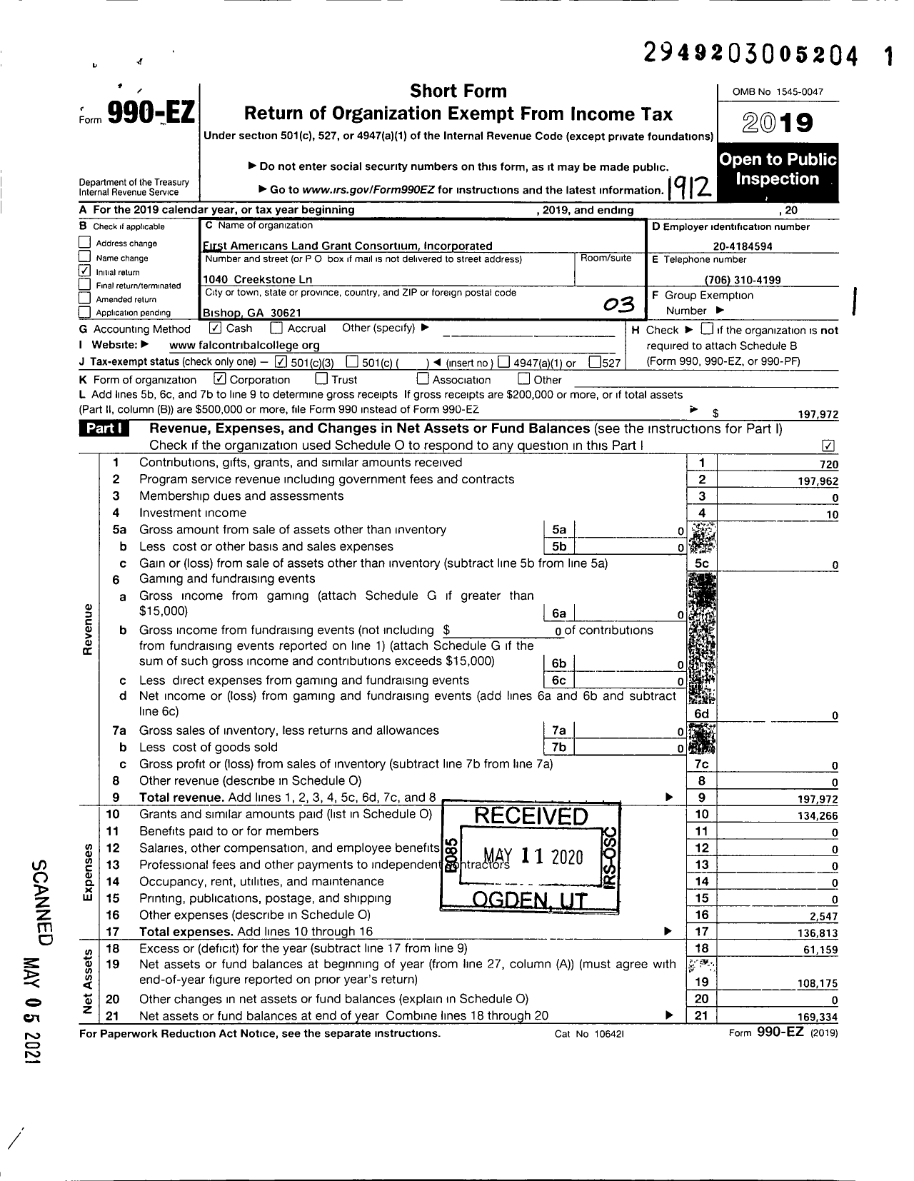 Image of first page of 2019 Form 990EZ for First Americans Land Grant Consortium Incorporated