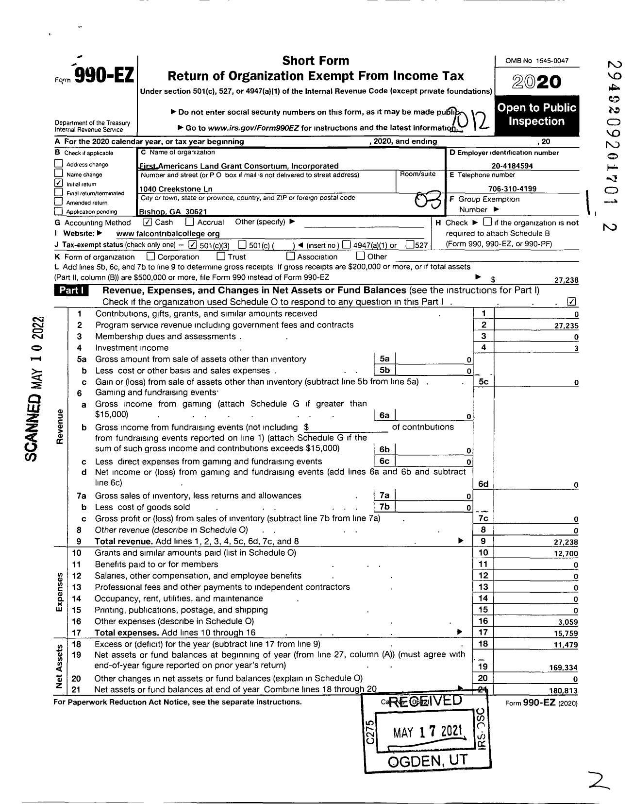 Image of first page of 2020 Form 990EZ for First Americans Land Grant Consortium Incorporated