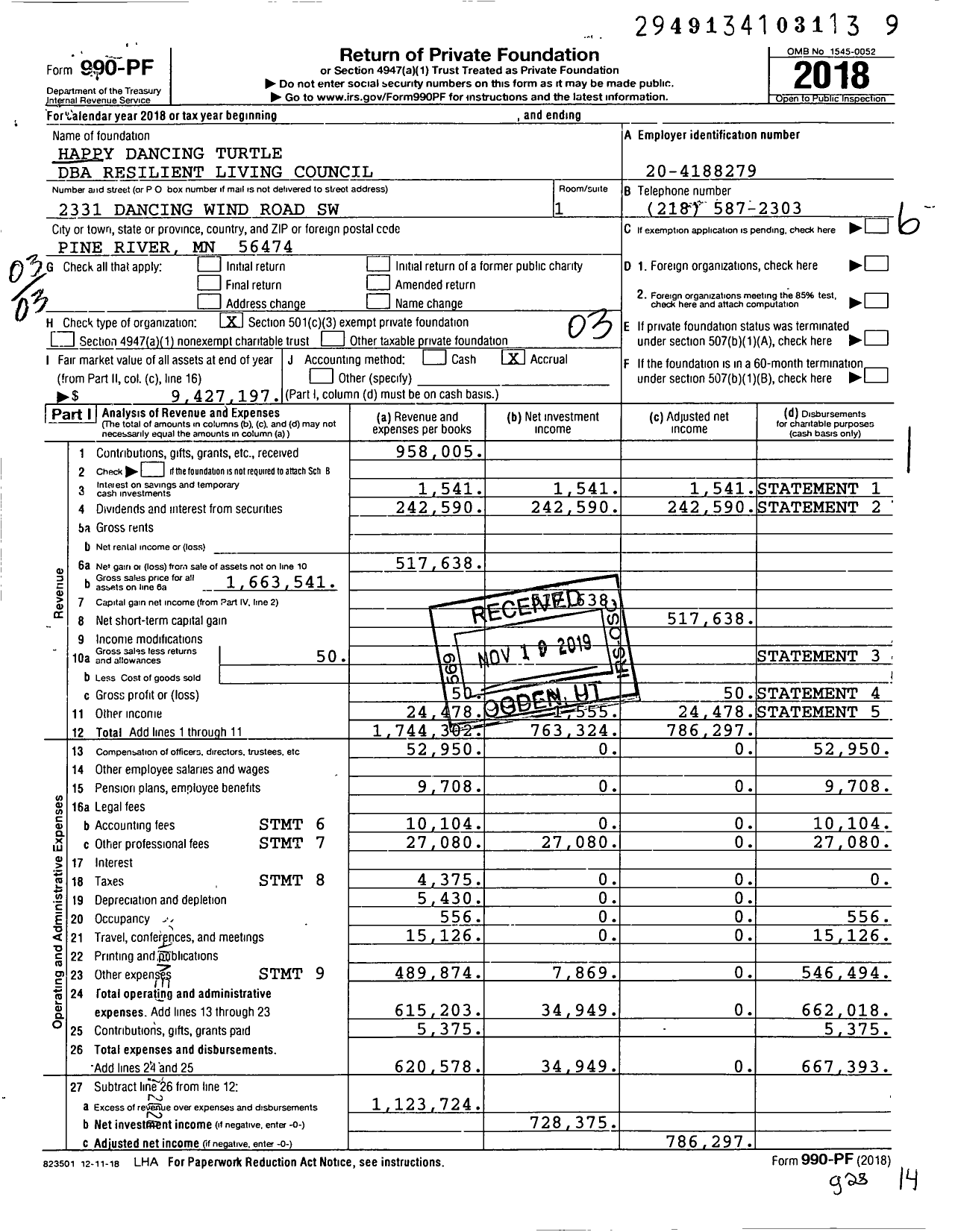 Image of first page of 2018 Form 990PF for Resilient Living Council