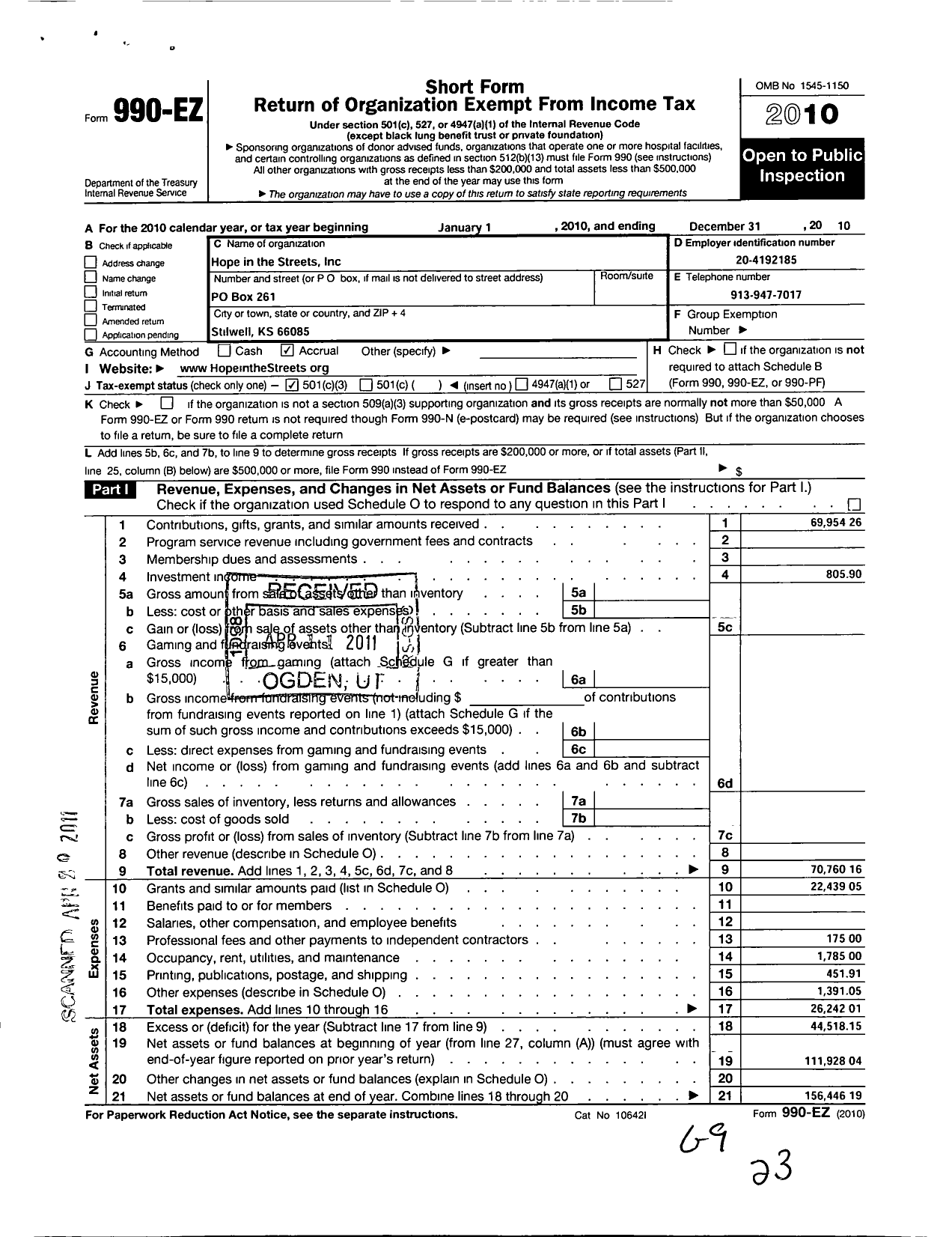 Image of first page of 2010 Form 990EZ for Hope in the Streets