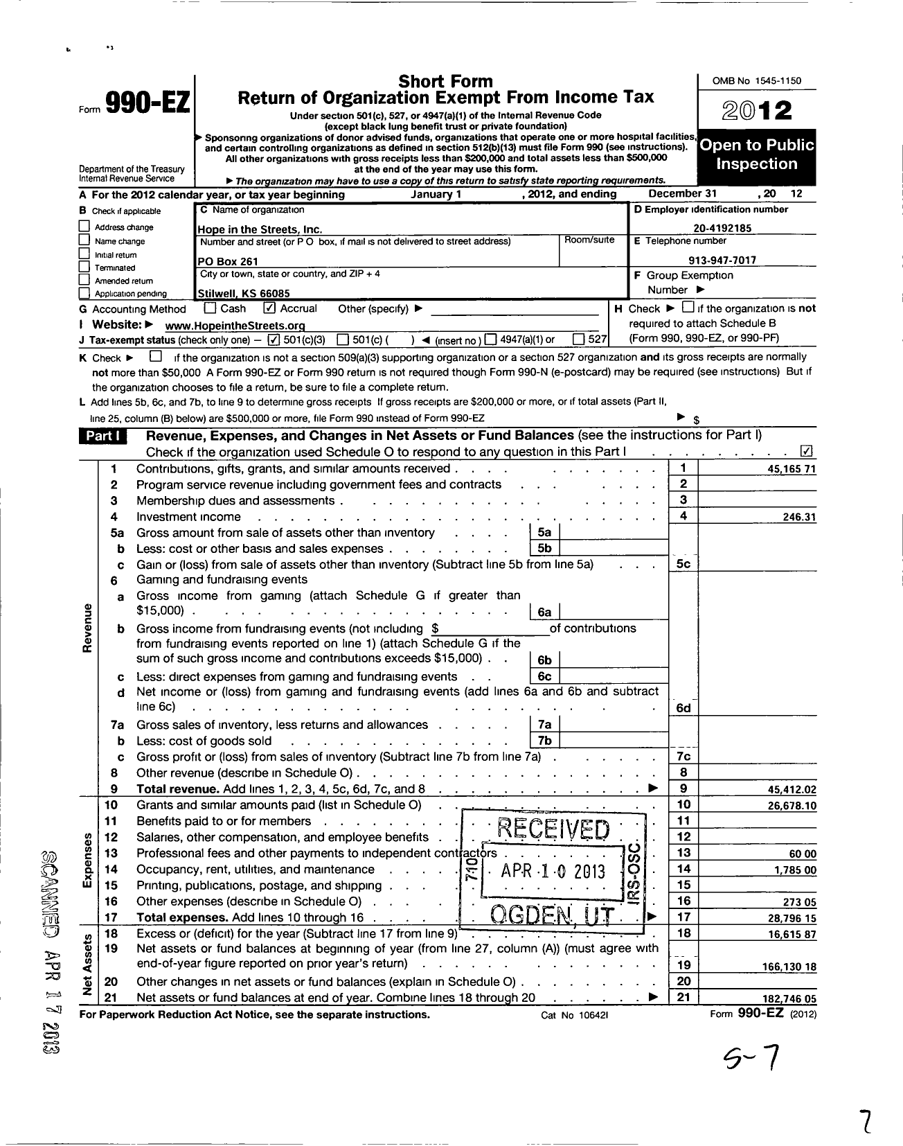 Image of first page of 2012 Form 990EZ for Hope in the Streets