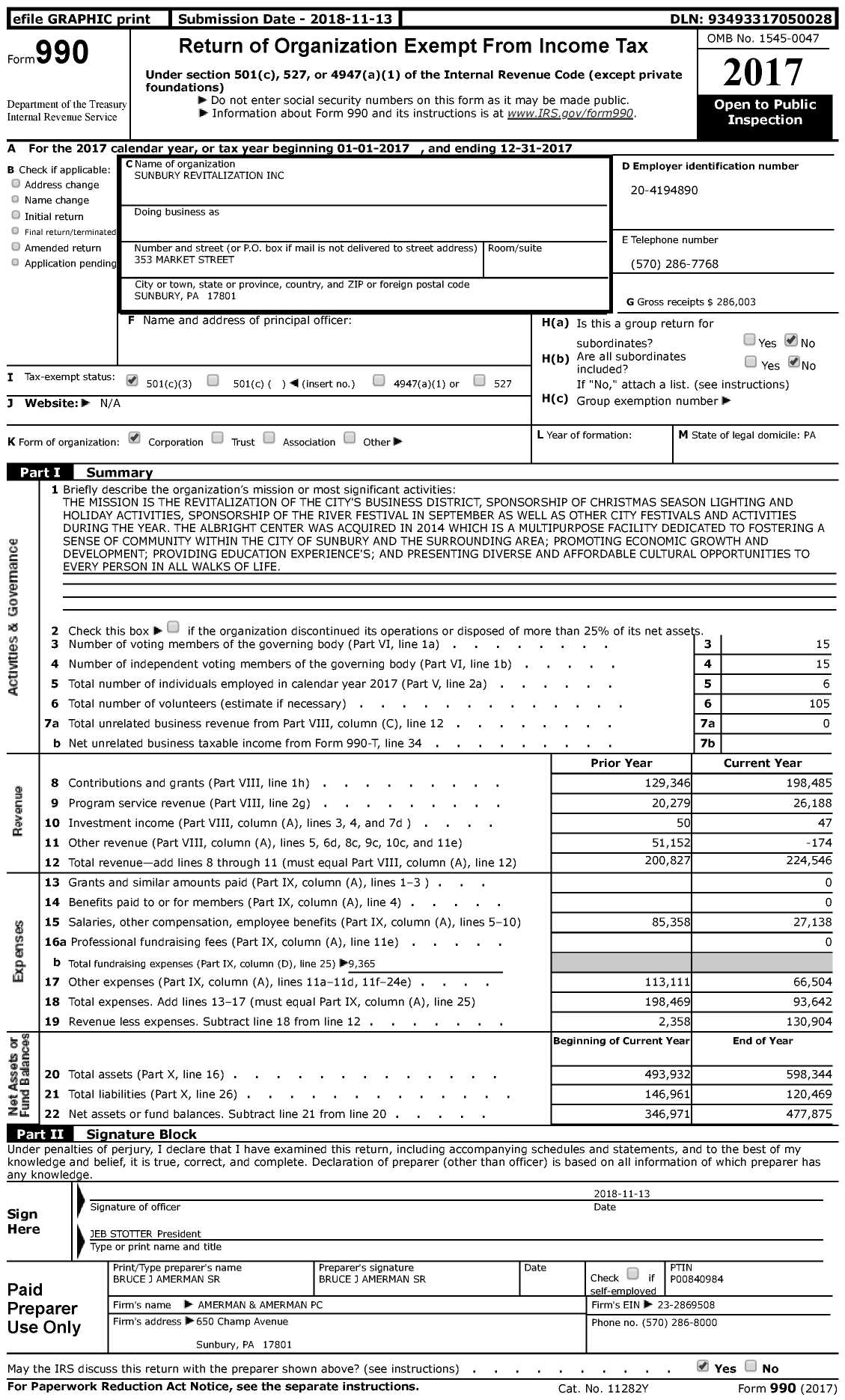 Image of first page of 2017 Form 990 for Sunburys Revitalization