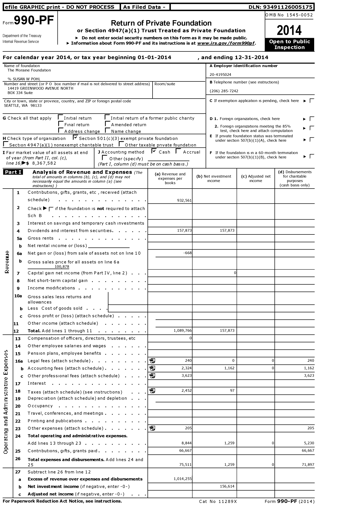 Image of first page of 2014 Form 990PF for The Moraine Foundation
