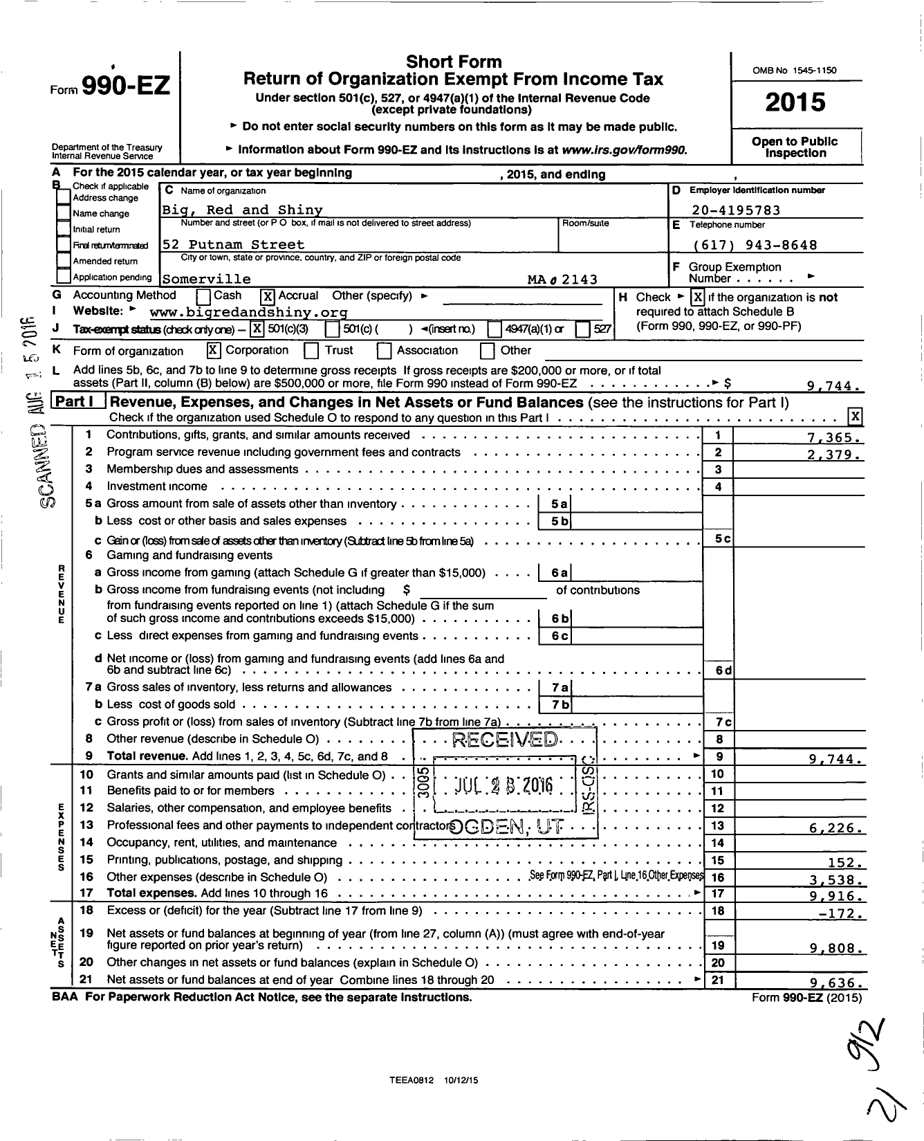 Image of first page of 2015 Form 990EZ for Boston Art Review