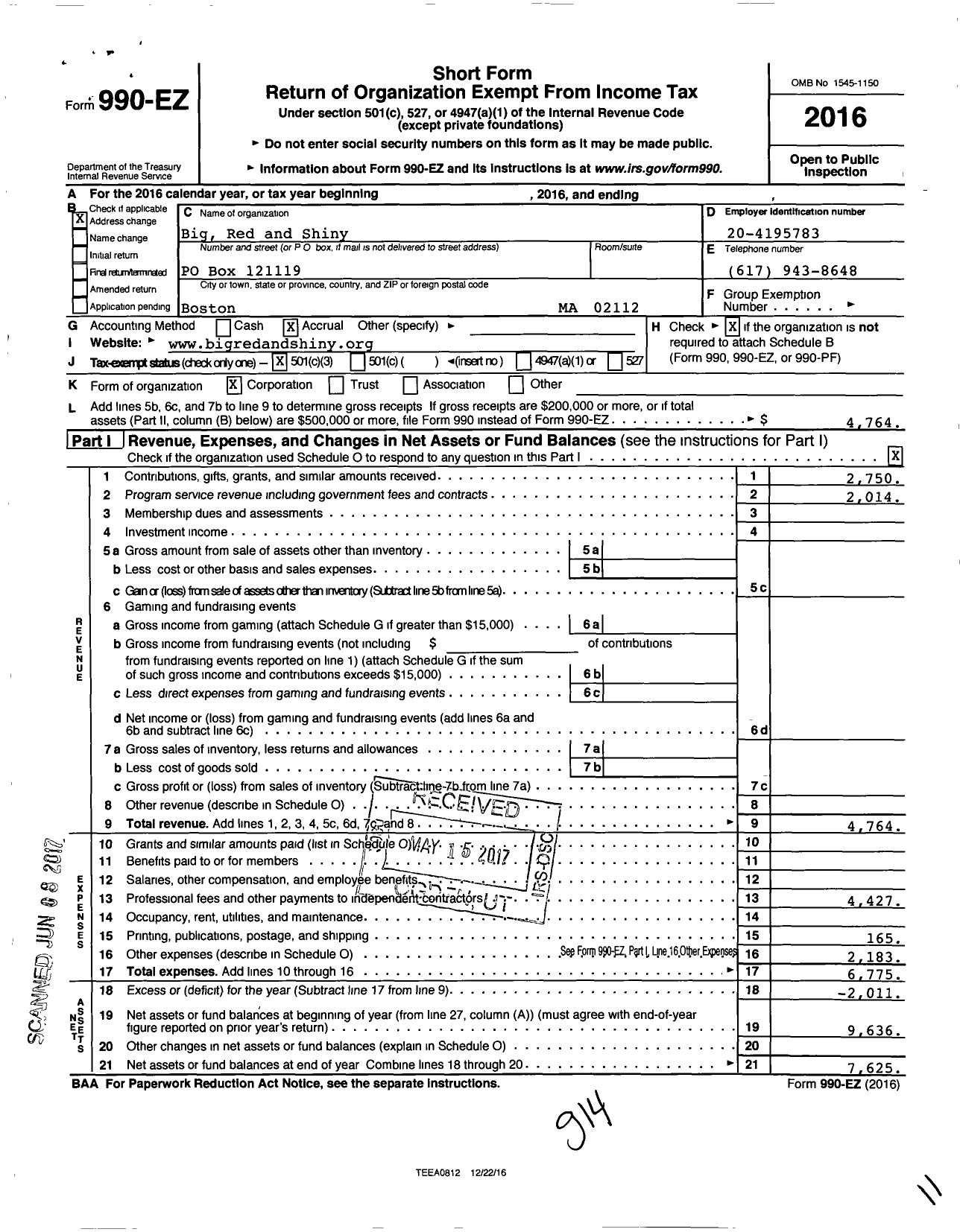 Image of first page of 2016 Form 990EZ for Boston Art Review