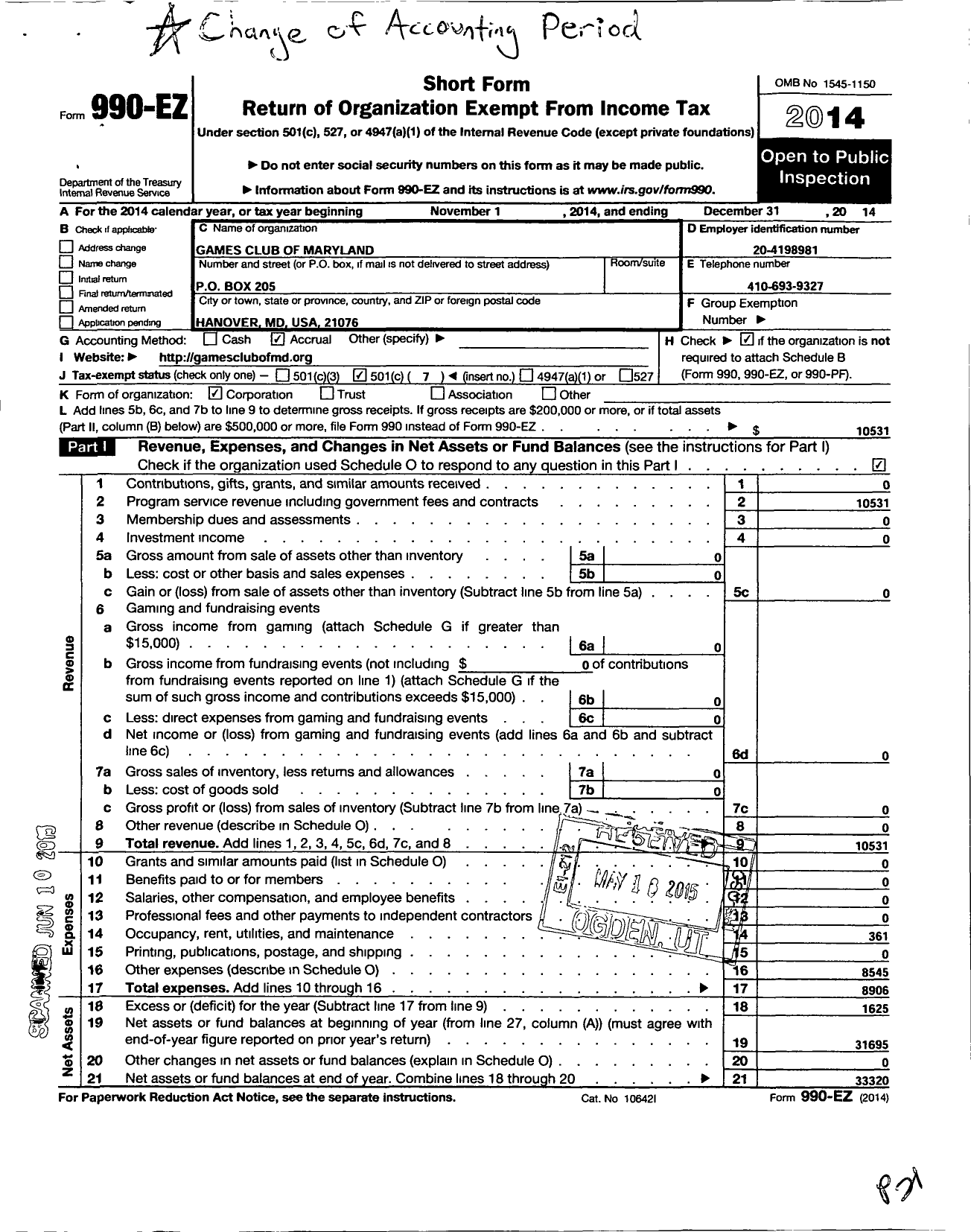 Image of first page of 2014 Form 990EO for Games Club of Maryland