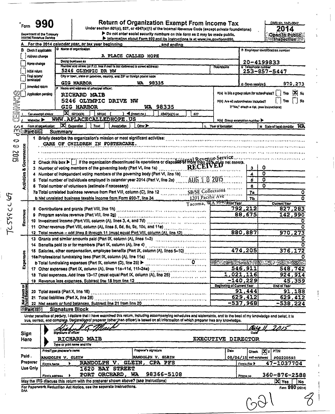 Image of first page of 2014 Form 990 for A Place Called Hope