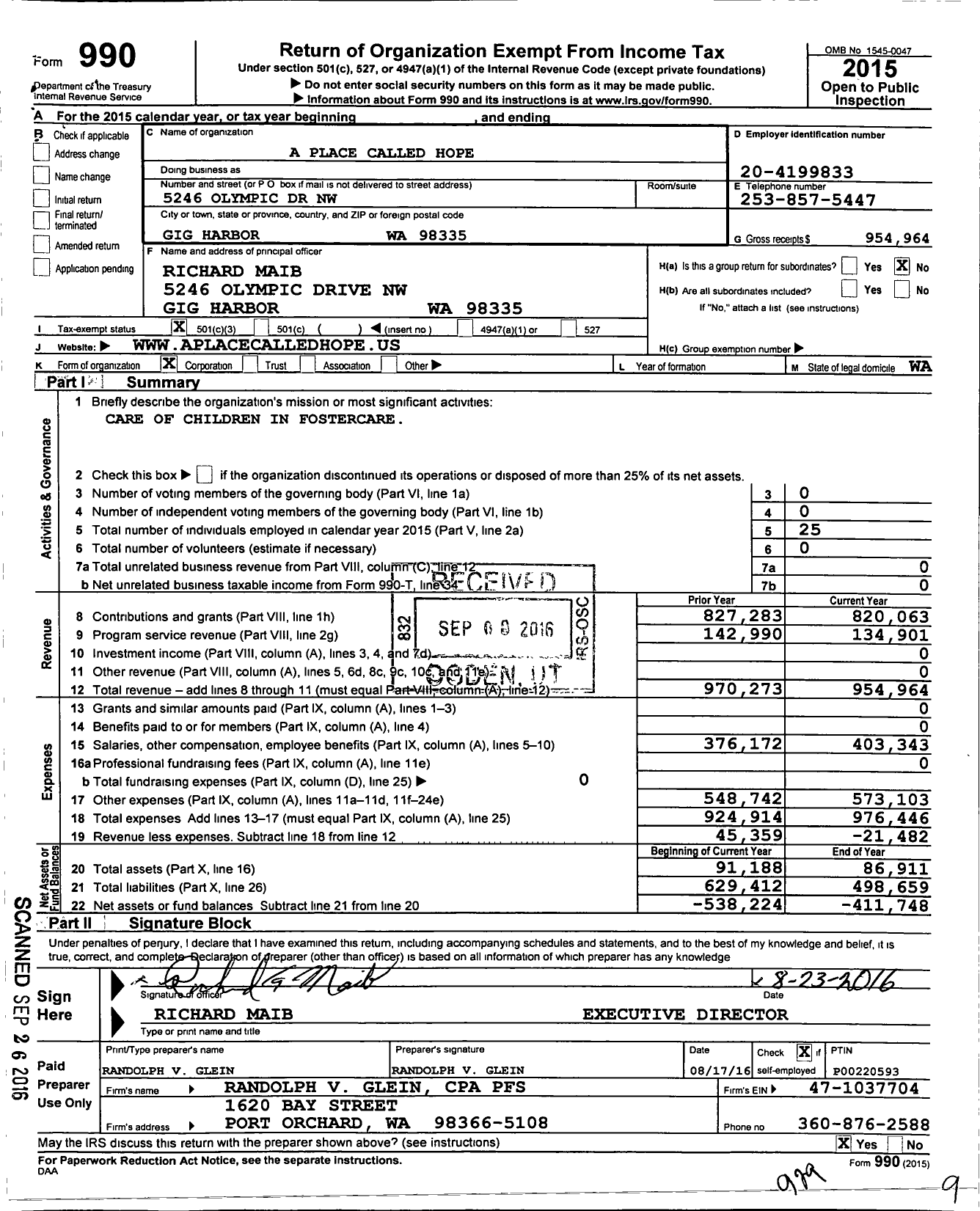 Image of first page of 2015 Form 990 for A Place Called Hope