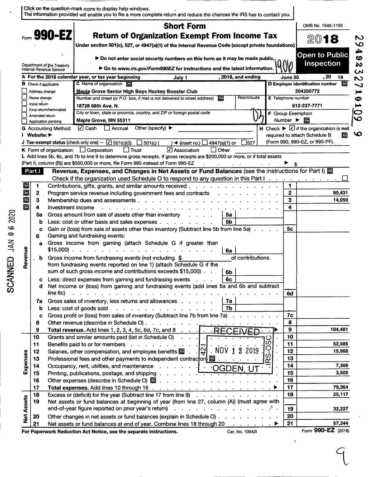 Image of first page of 2018 Form 990EZ for Maple Grove Senior High Boys Hockey Booster Club