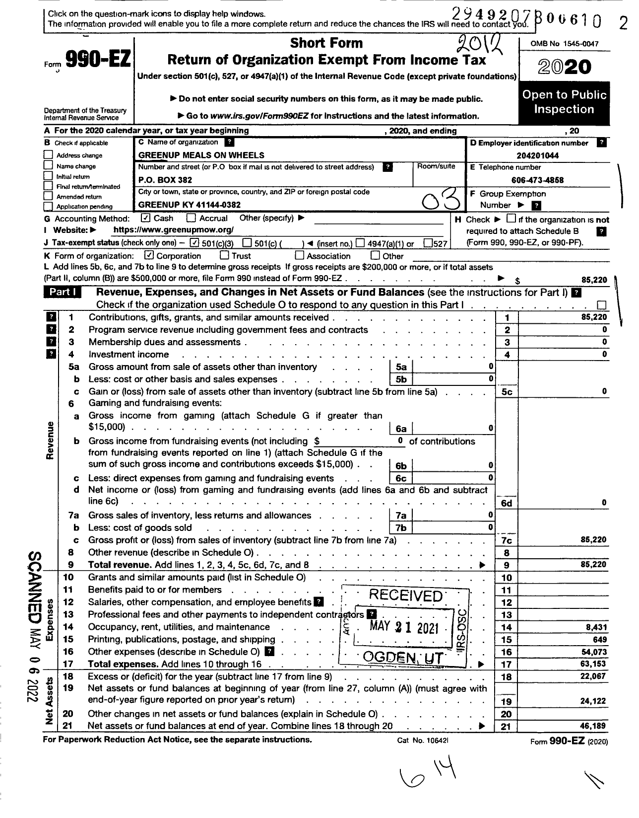 Image of first page of 2020 Form 990EZ for Greenup Meals On Wheels