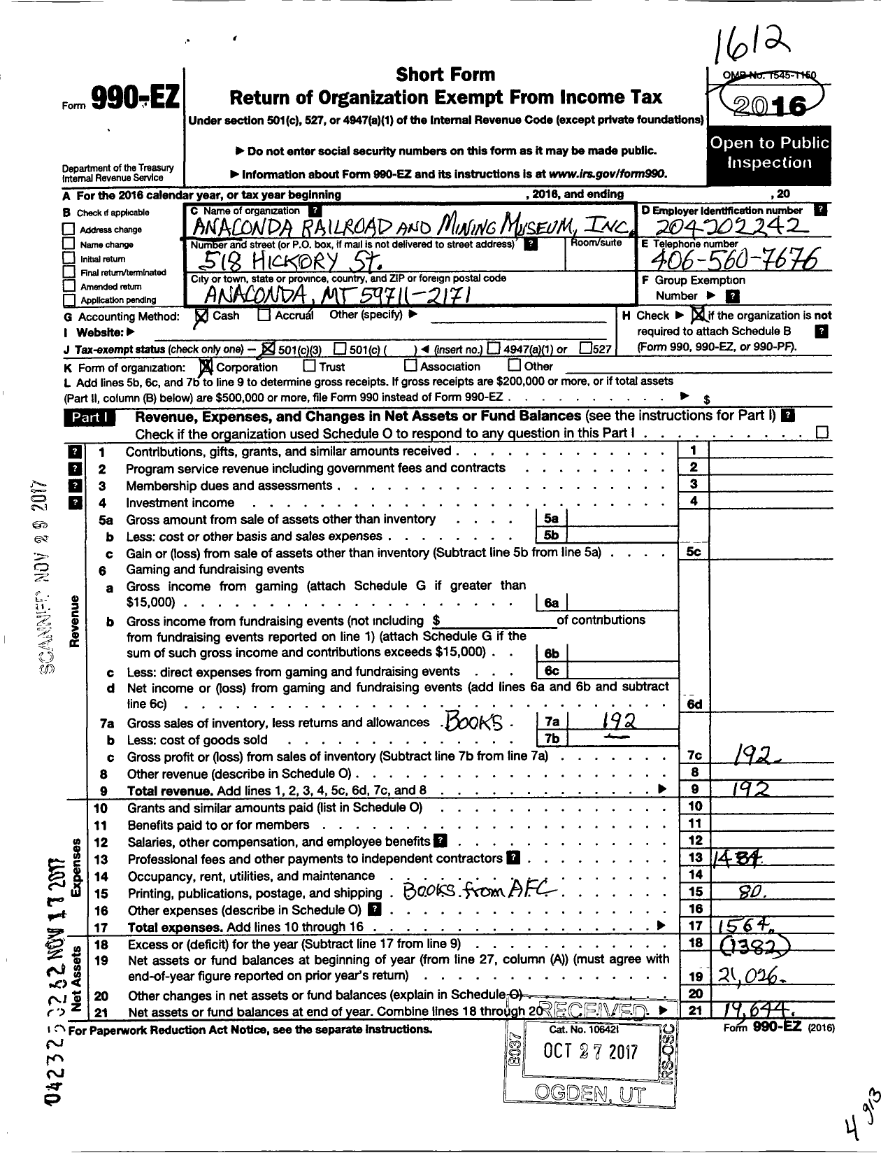 Image of first page of 2016 Form 990EZ for Anaconda Railroad and Mining Museum