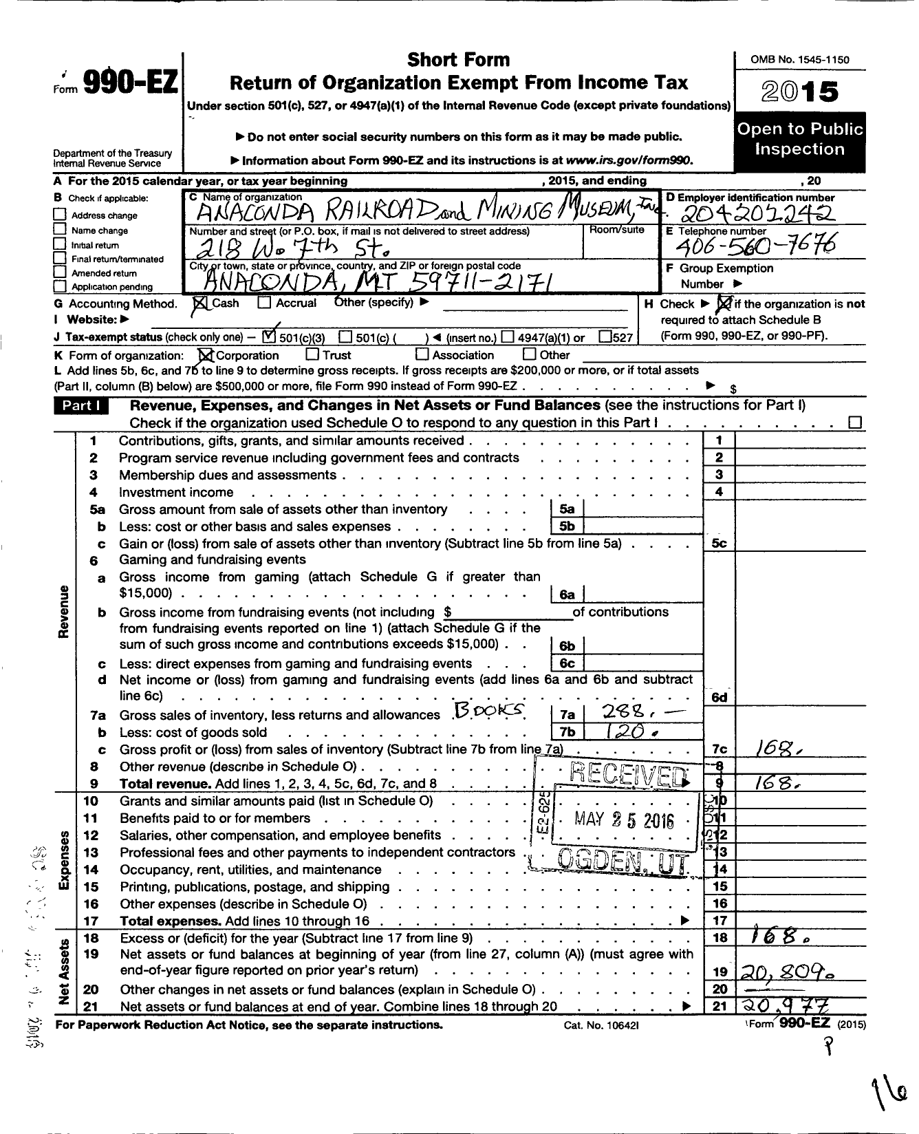 Image of first page of 2015 Form 990EZ for Anaconda Railroad and Mining Museum