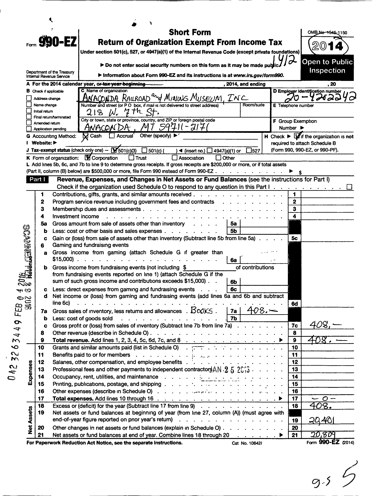 Image of first page of 2014 Form 990EZ for Anaconda Railroad and Mining Museum