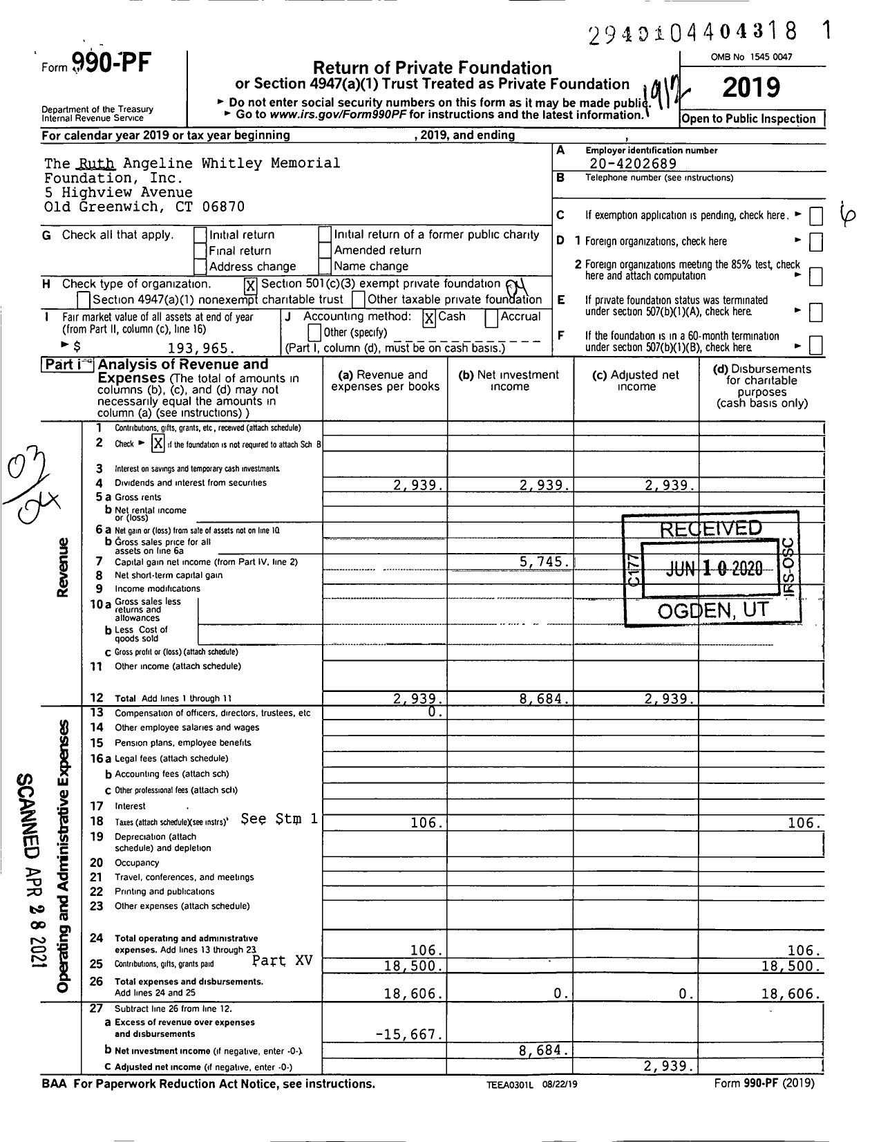 Image of first page of 2019 Form 990PF for The Ruth Angeline Whitley Memorial Foundation