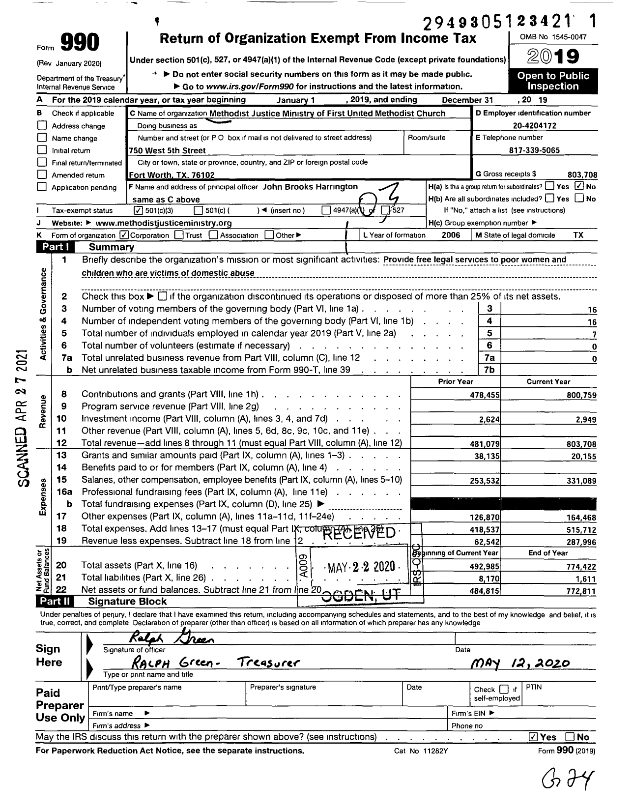 Image of first page of 2019 Form 990 for Methodist Justice Ministry of Fumc