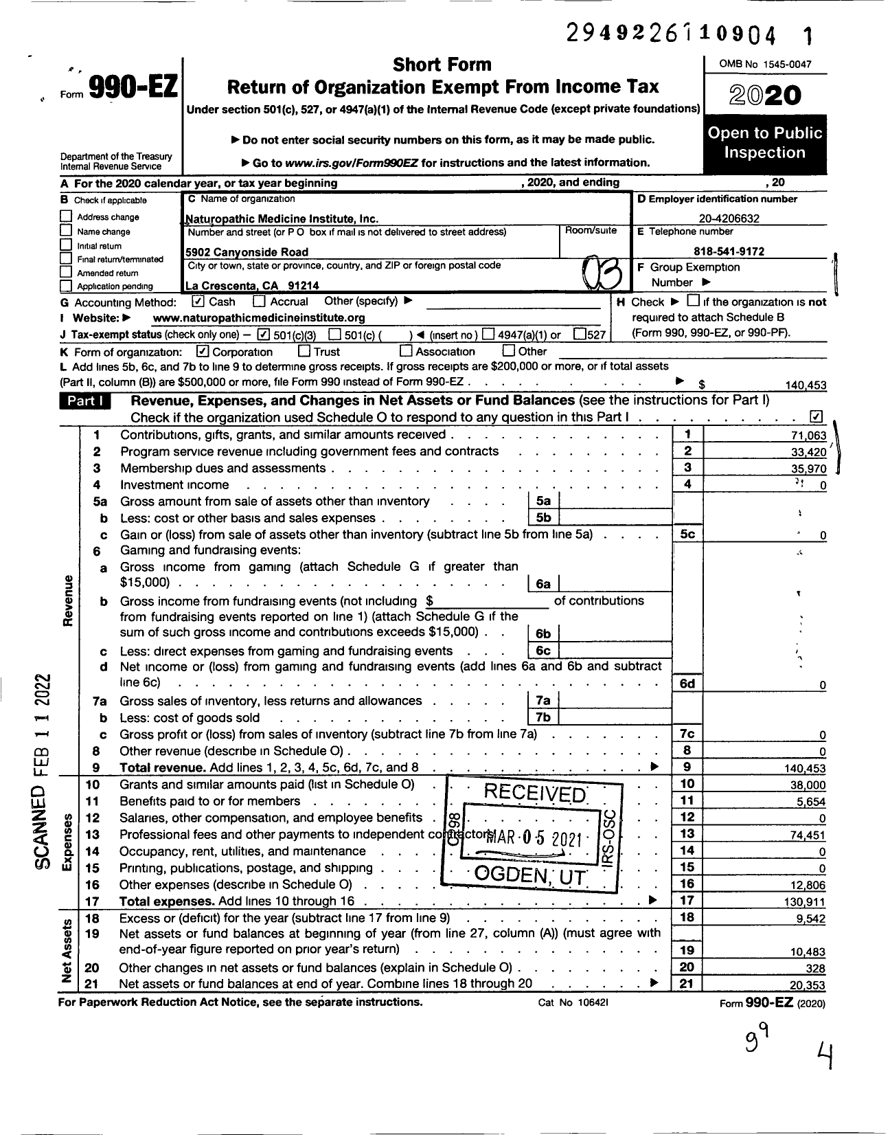 Image of first page of 2020 Form 990EZ for Naturopatic Medicine Institute