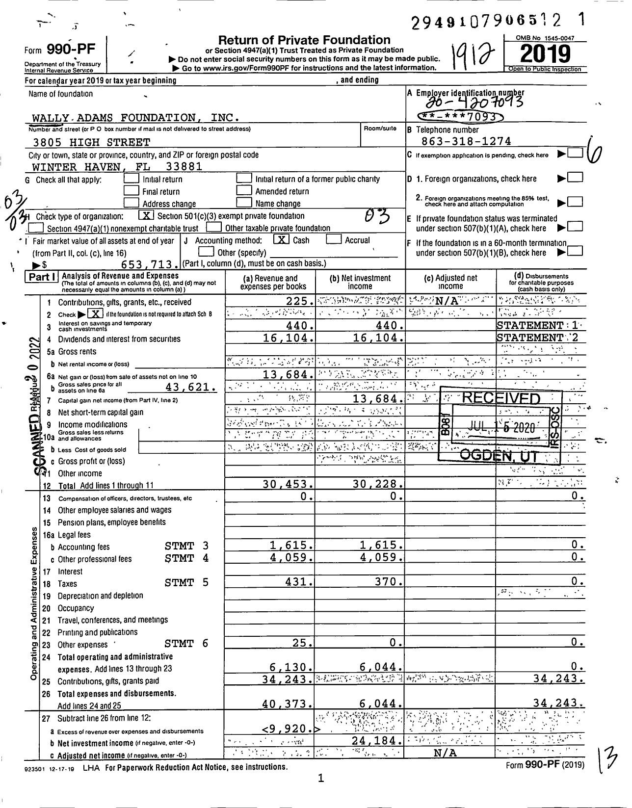 Image of first page of 2019 Form 990PF for Wally Adams Foundation