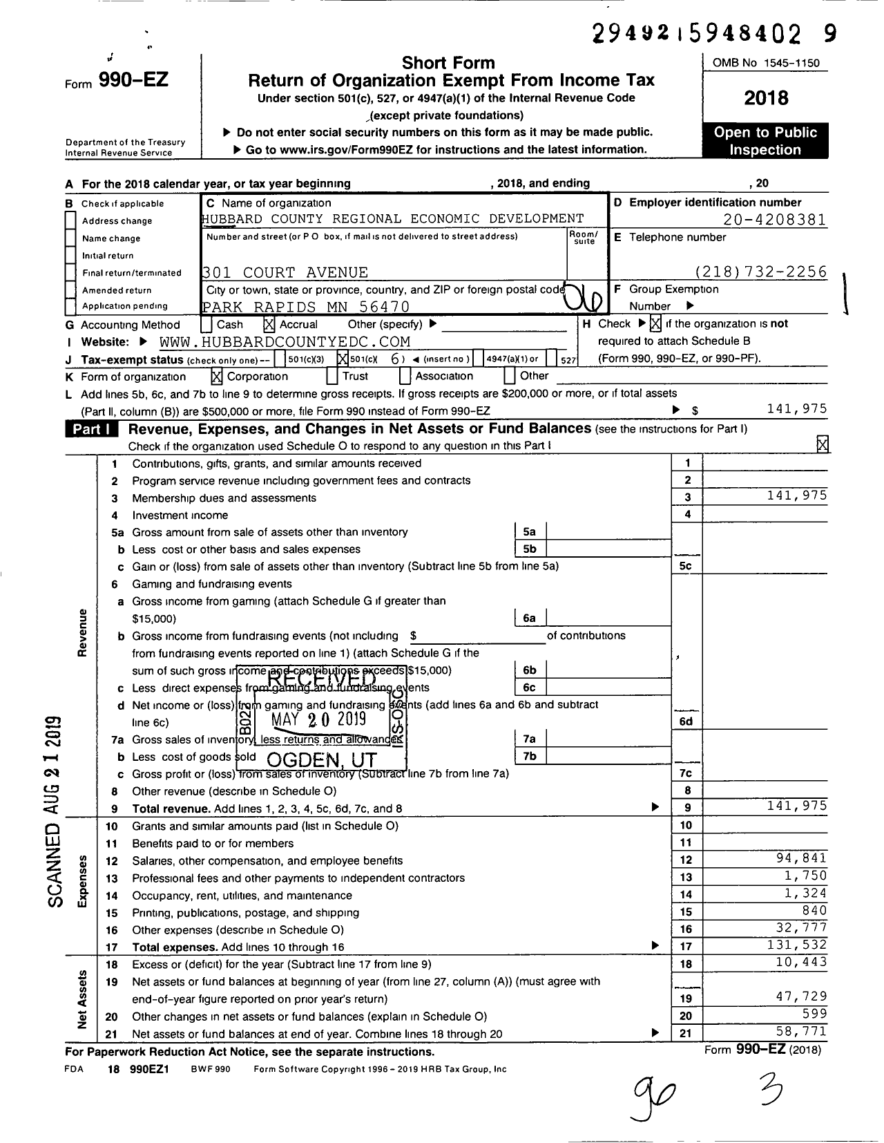 Image of first page of 2018 Form 990EO for Heartland Lakes Development Commission