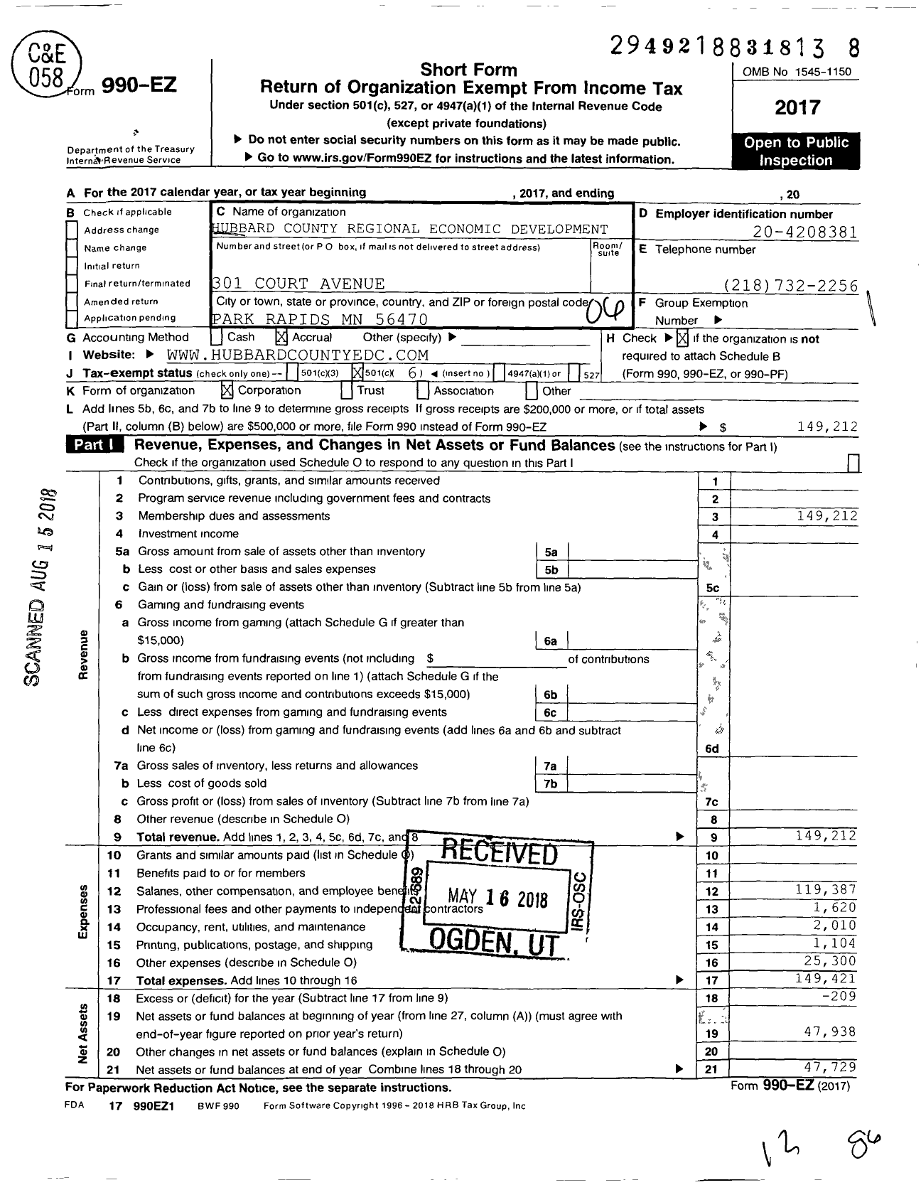 Image of first page of 2017 Form 990EO for Heartland Lakes Development Commission