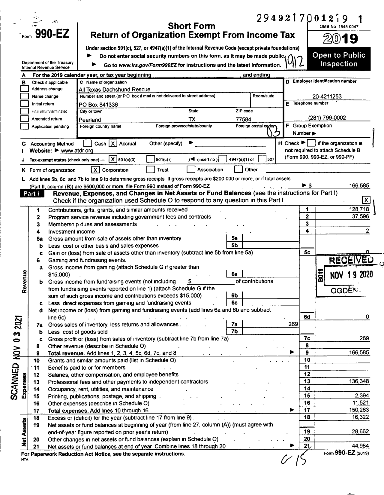 Image of first page of 2019 Form 990EZ for All Texas Dachshund Rescue