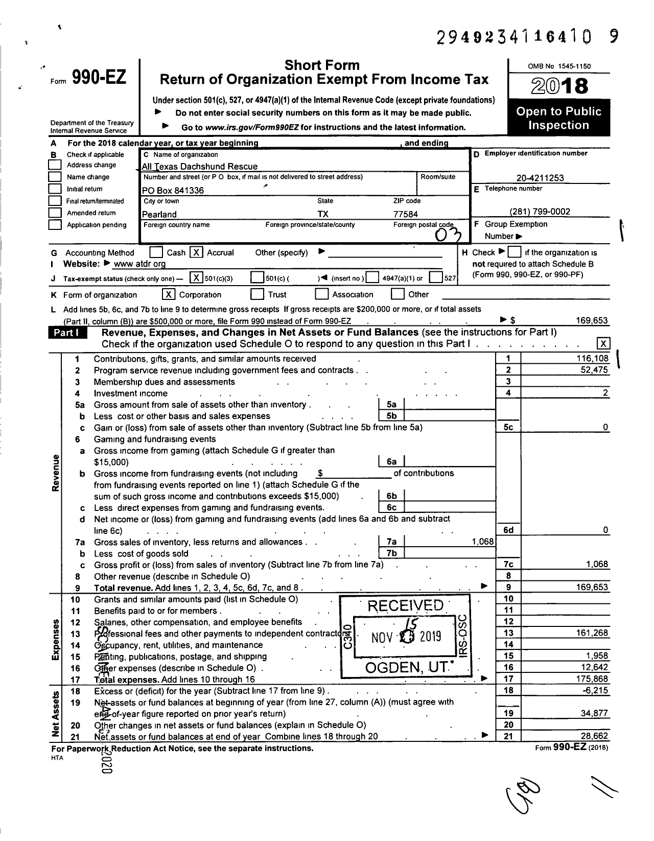 Image of first page of 2018 Form 990EZ for All Texas Dachshund Rescue