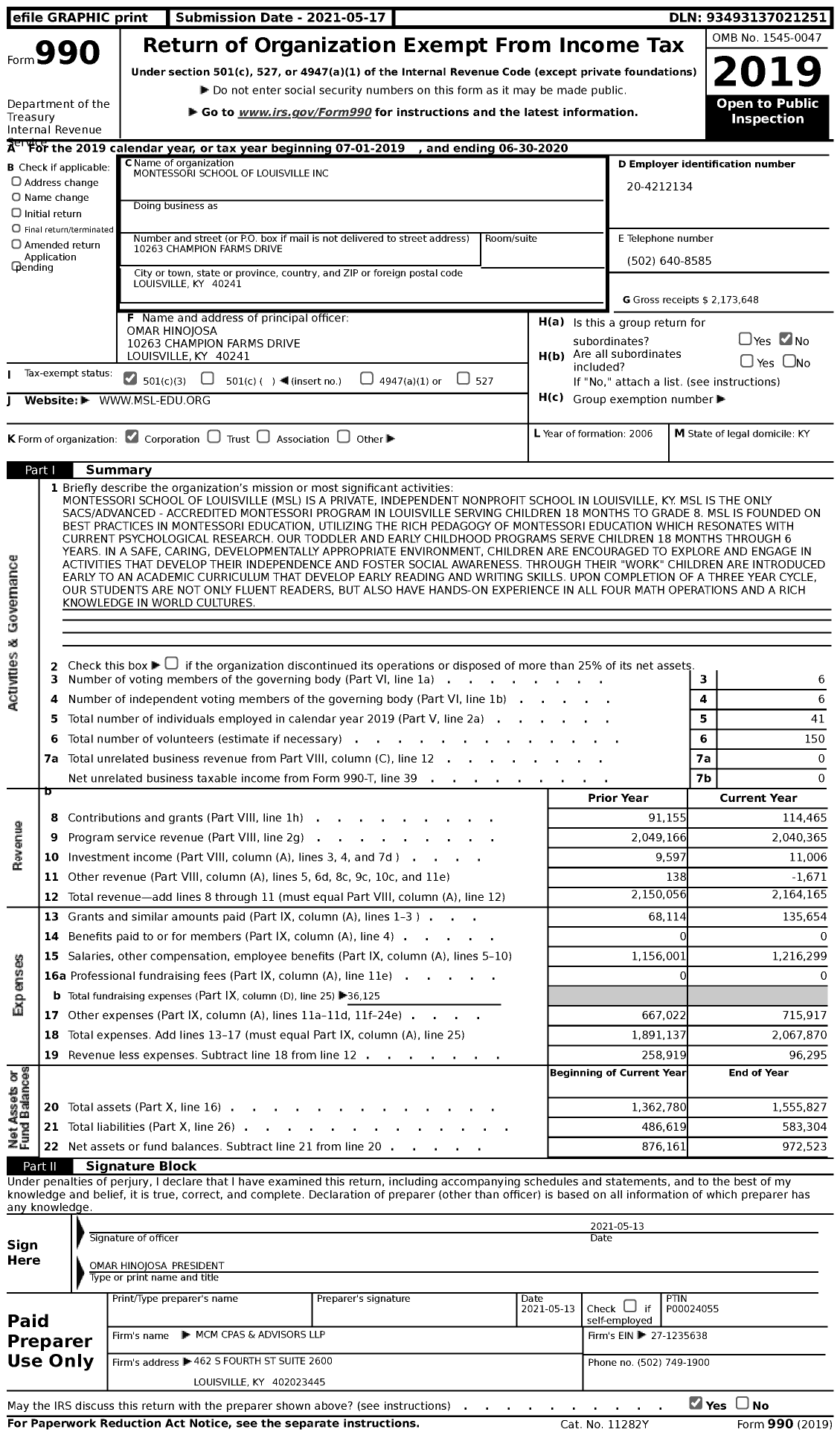 Image of first page of 2019 Form 990 for Montessori School of Louisville