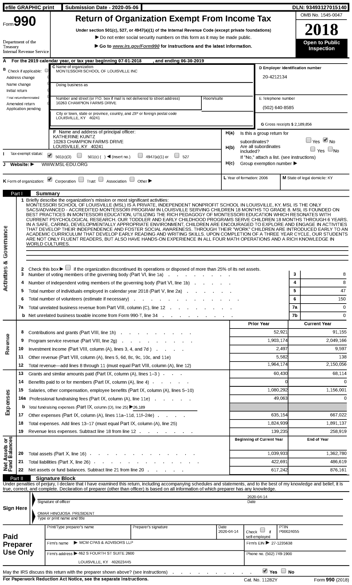 Image of first page of 2018 Form 990 for Montessori School of Louisville