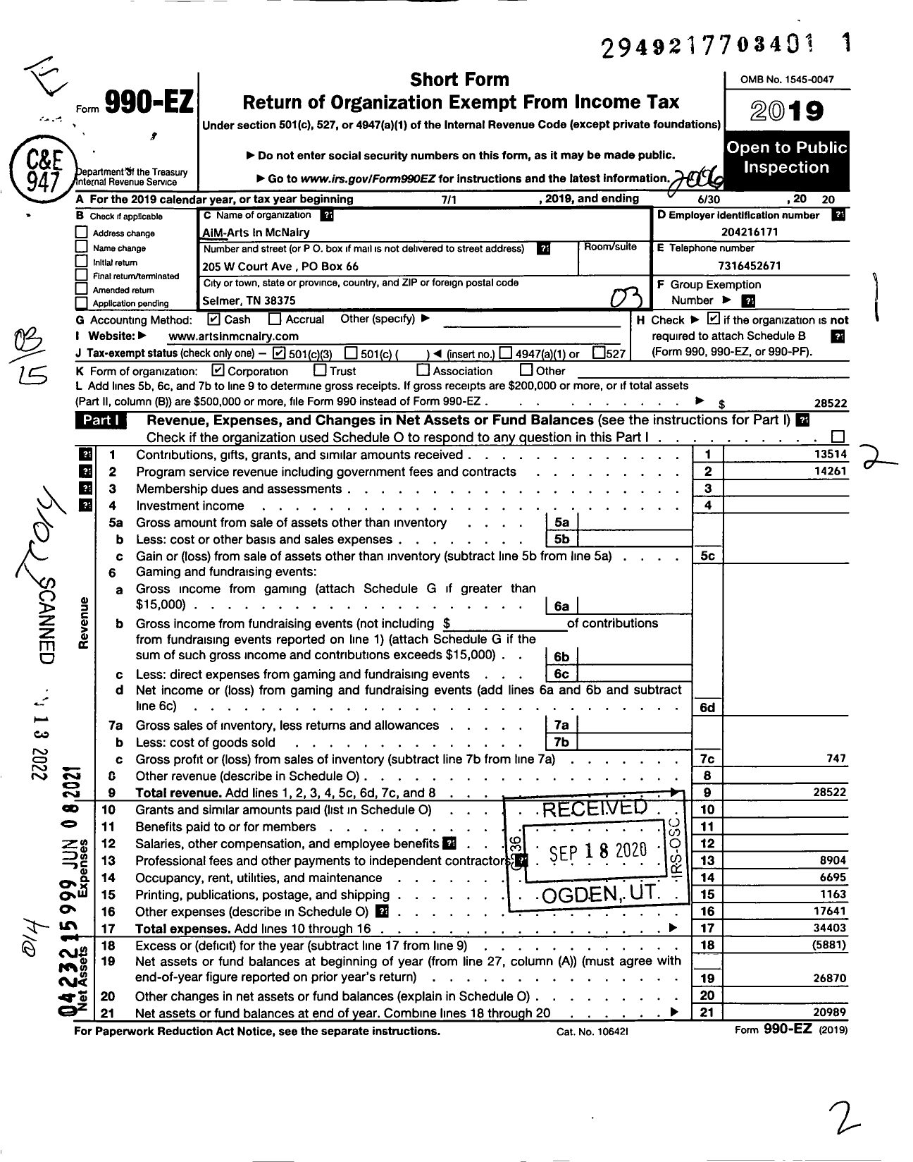 Image of first page of 2019 Form 990EZ for Aim-Arts in Mcnairy