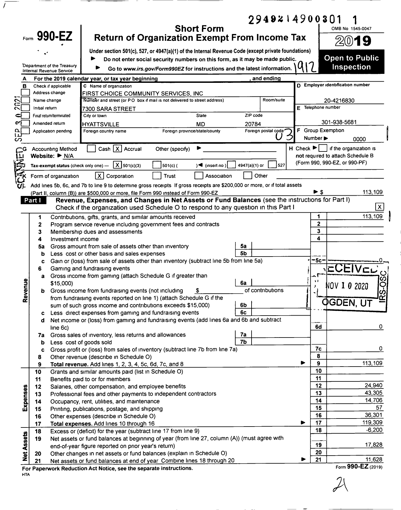 Image of first page of 2019 Form 990EZ for First Choice Community Services