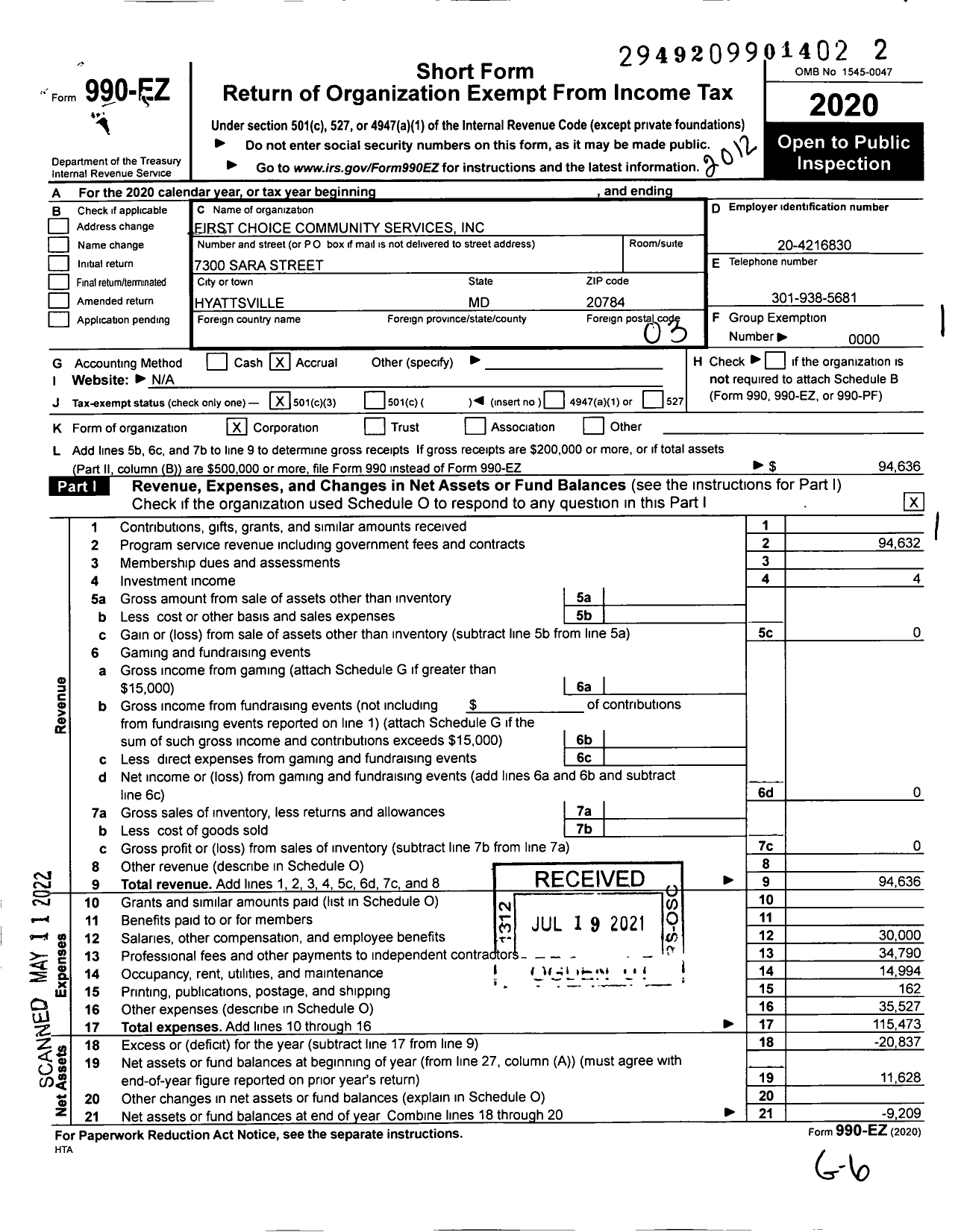 Image of first page of 2020 Form 990EZ for First Choice Community Services