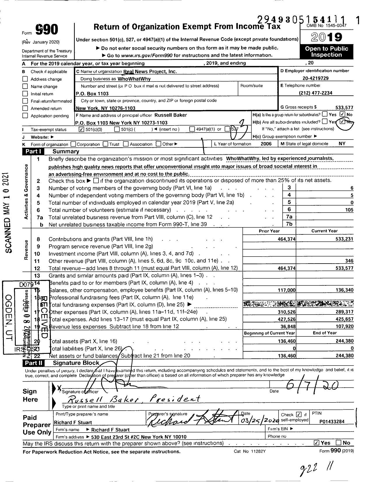 Image of first page of 2019 Form 990 for Whowhatwhy