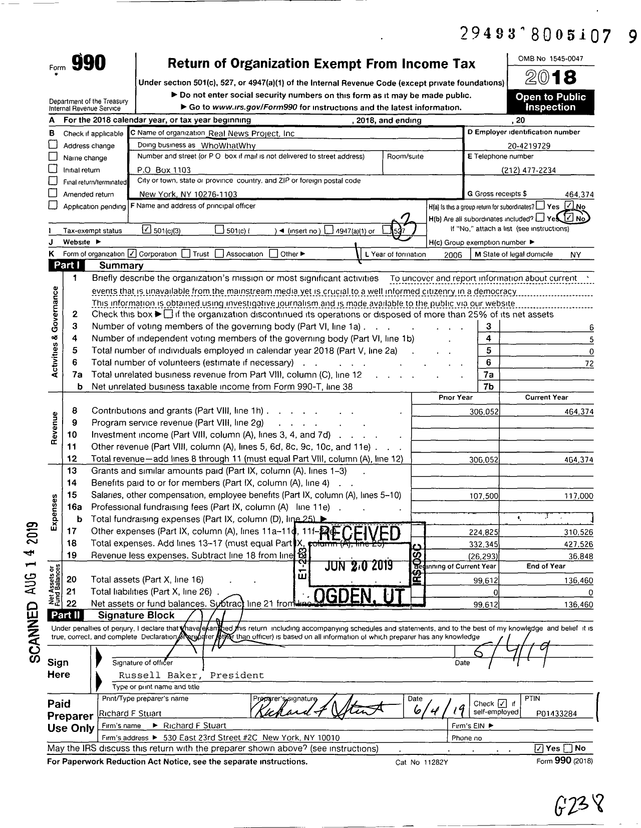 Image of first page of 2018 Form 990 for Whowhatwhy