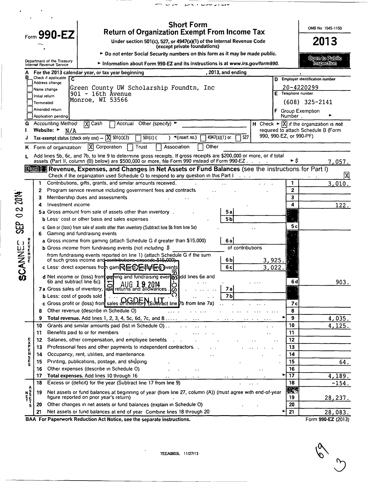 Image of first page of 2013 Form 990EZ for Green County UW Scholarship Foundtn