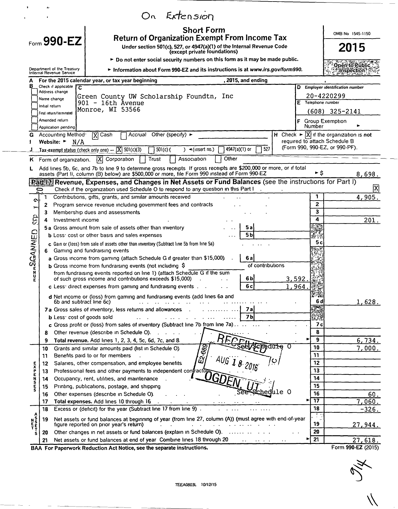 Image of first page of 2015 Form 990EZ for Green County UW Scholarship Foundtn