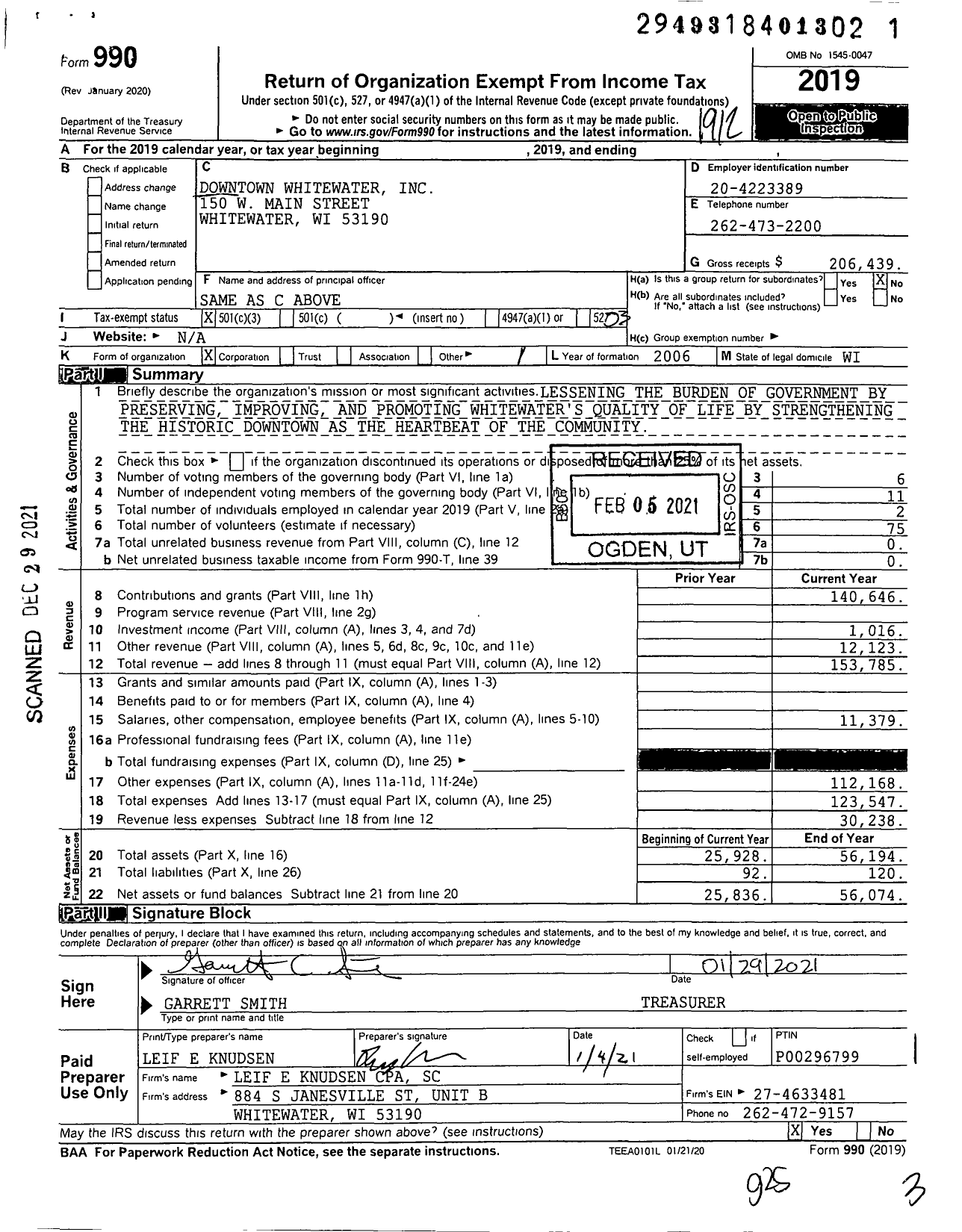 Image of first page of 2019 Form 990 for Downtown Whitewater