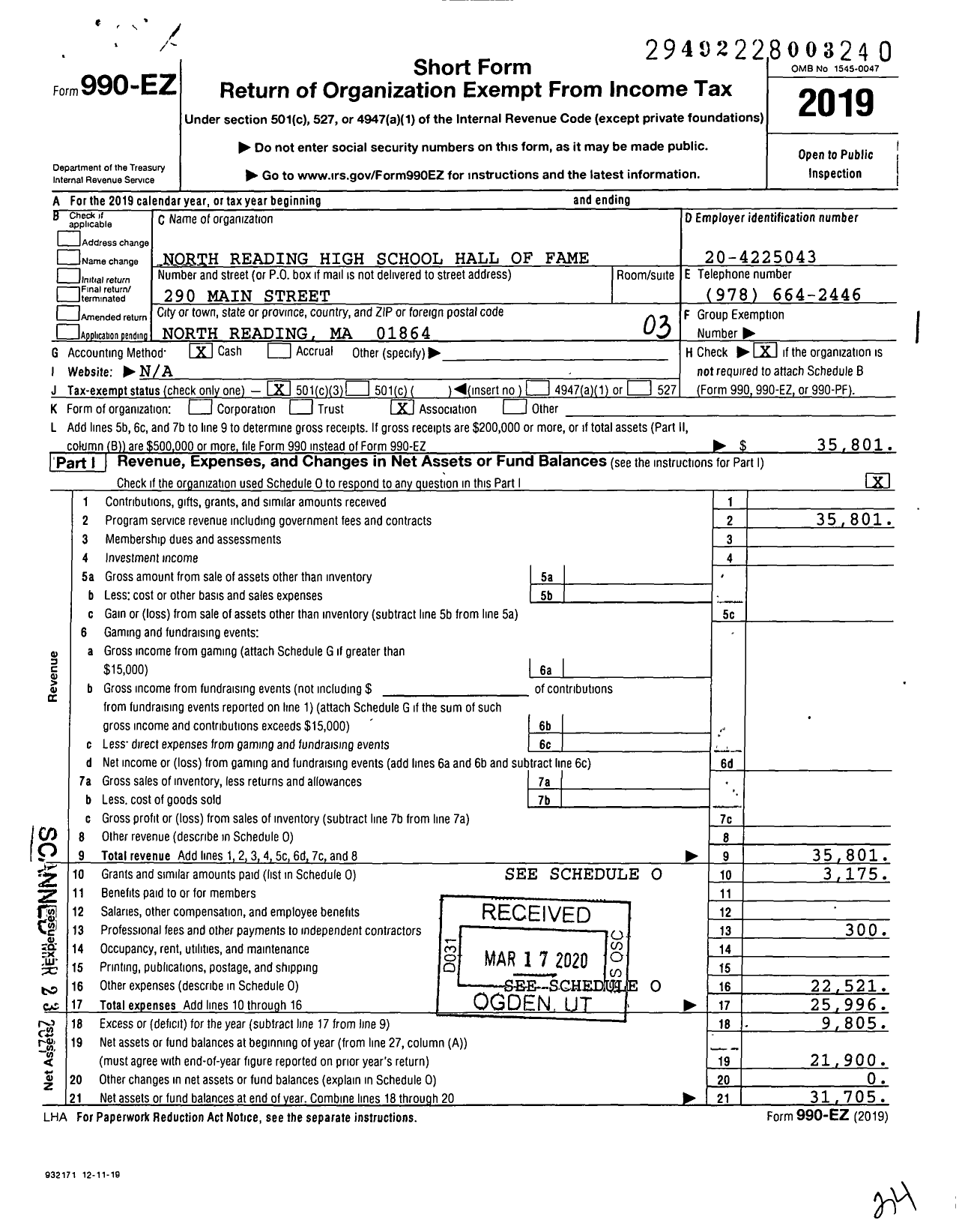 Image of first page of 2019 Form 990EZ for North Reading High School Hall of Fame Committee