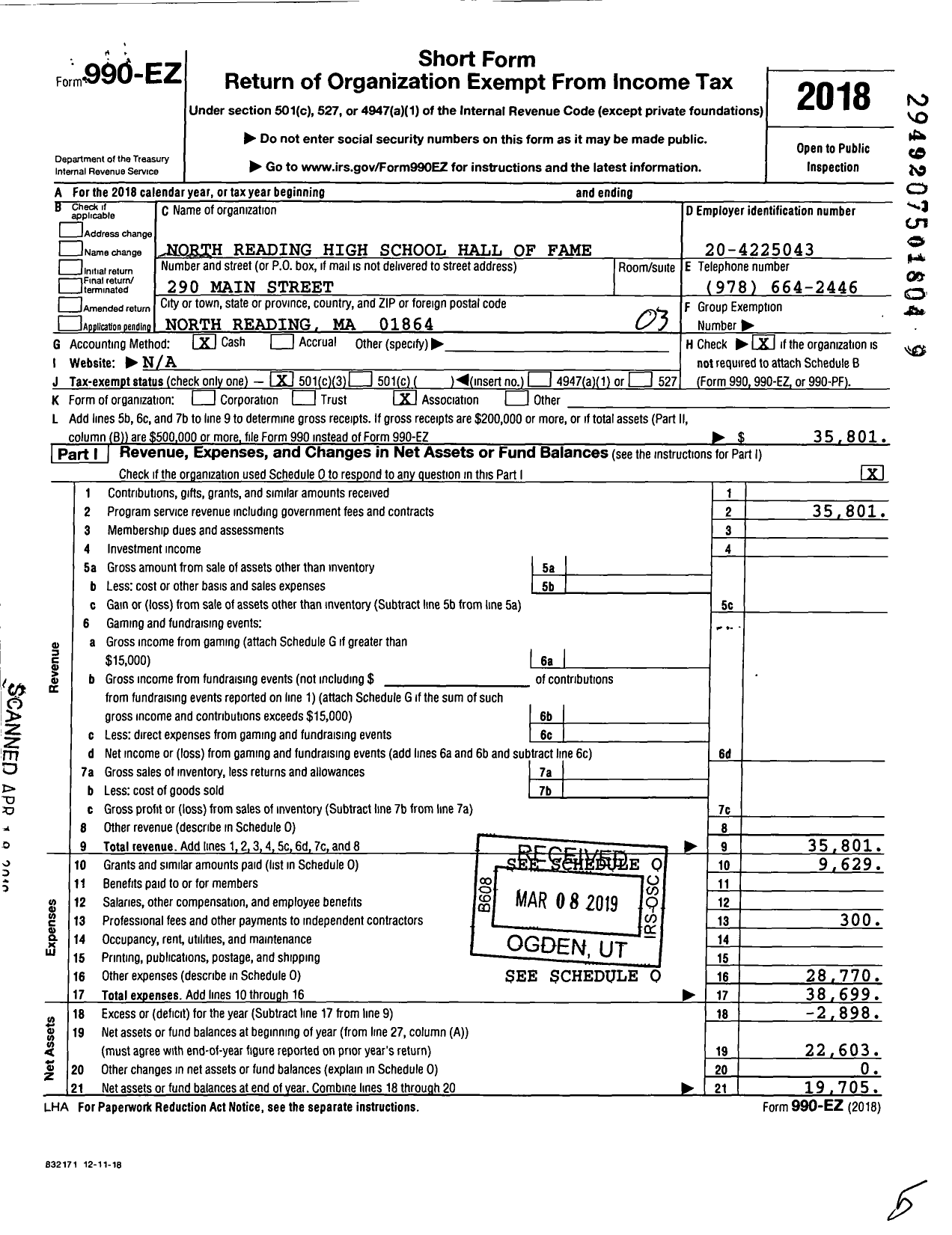 Image of first page of 2018 Form 990EZ for North Reading High School Hall of Fame Committee