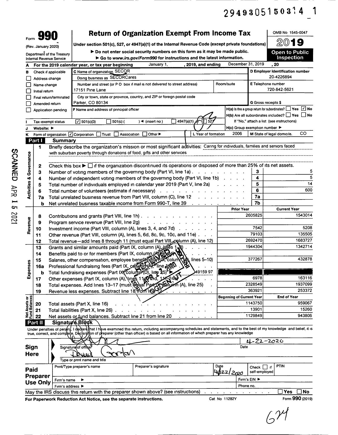 Image of first page of 2019 Form 990 for SecorCares