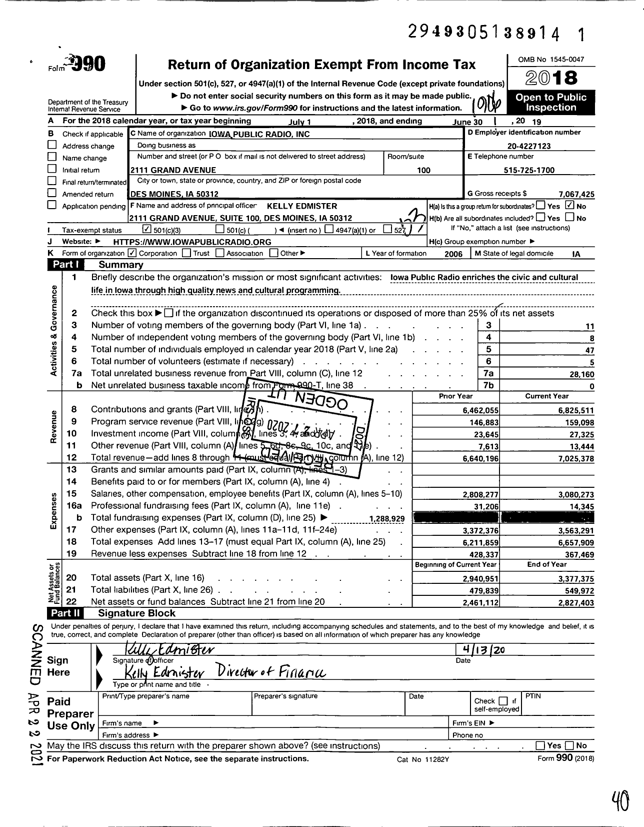 Image of first page of 2018 Form 990 for Iowa Public Radio