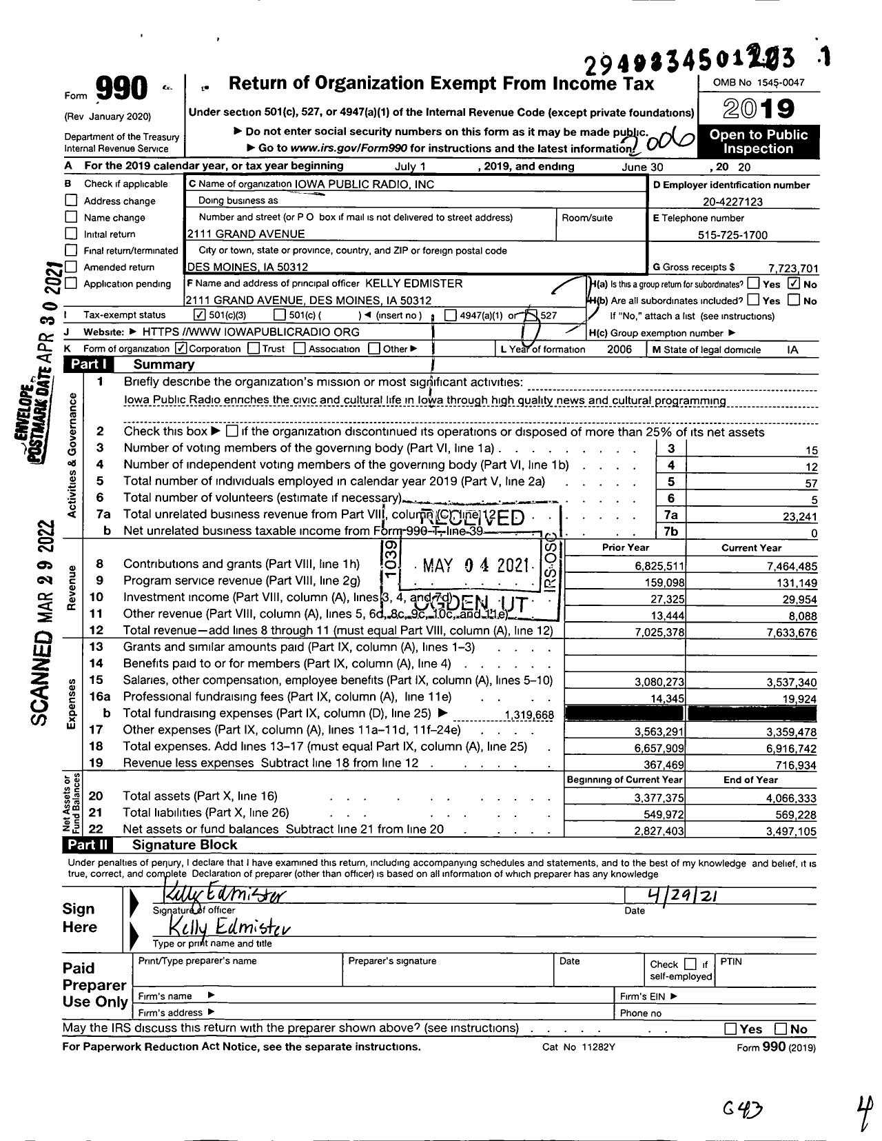 Image of first page of 2019 Form 990 for Iowa Public Radio