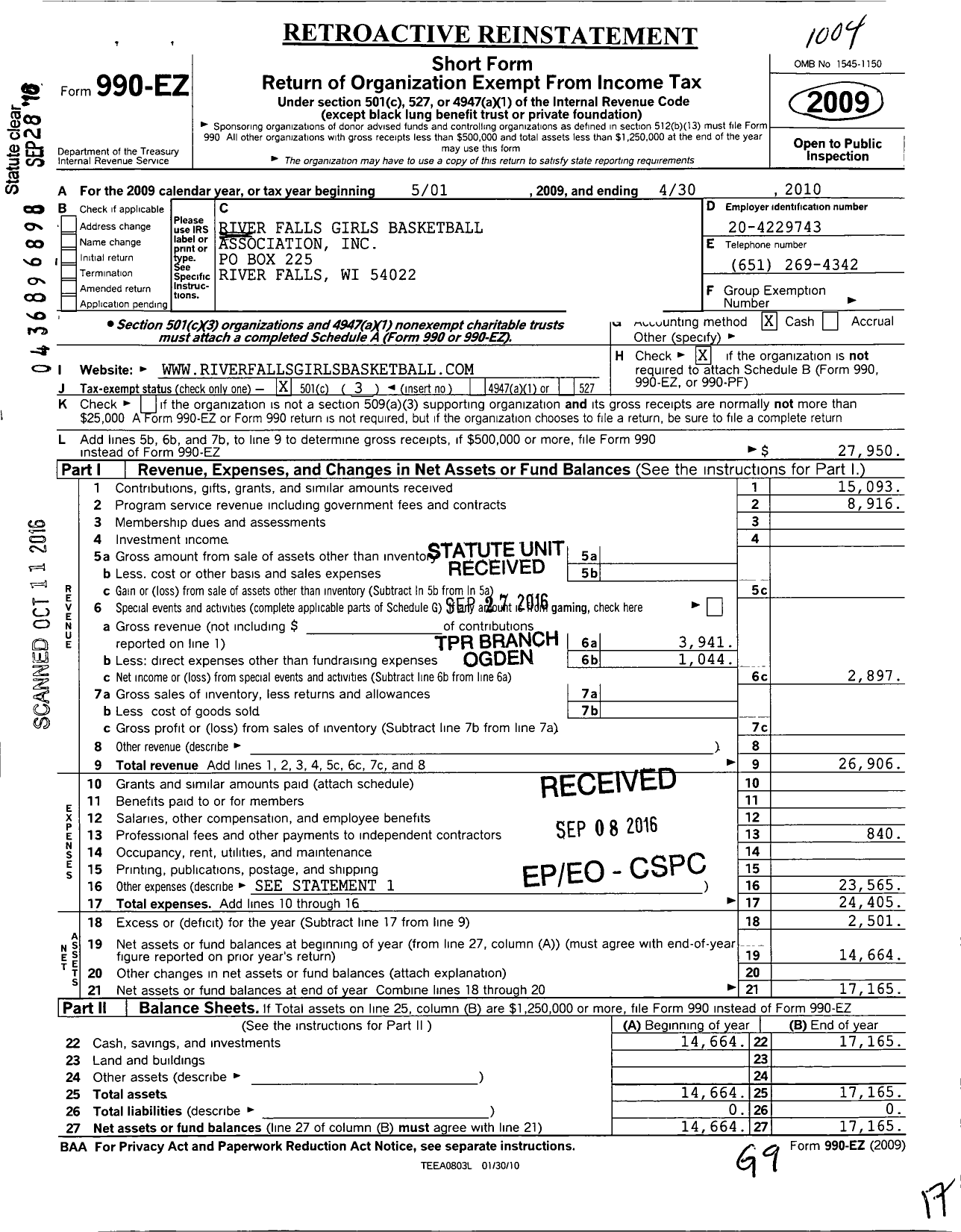 Image of first page of 2009 Form 990EZ for River Falls Girls Basketball Association