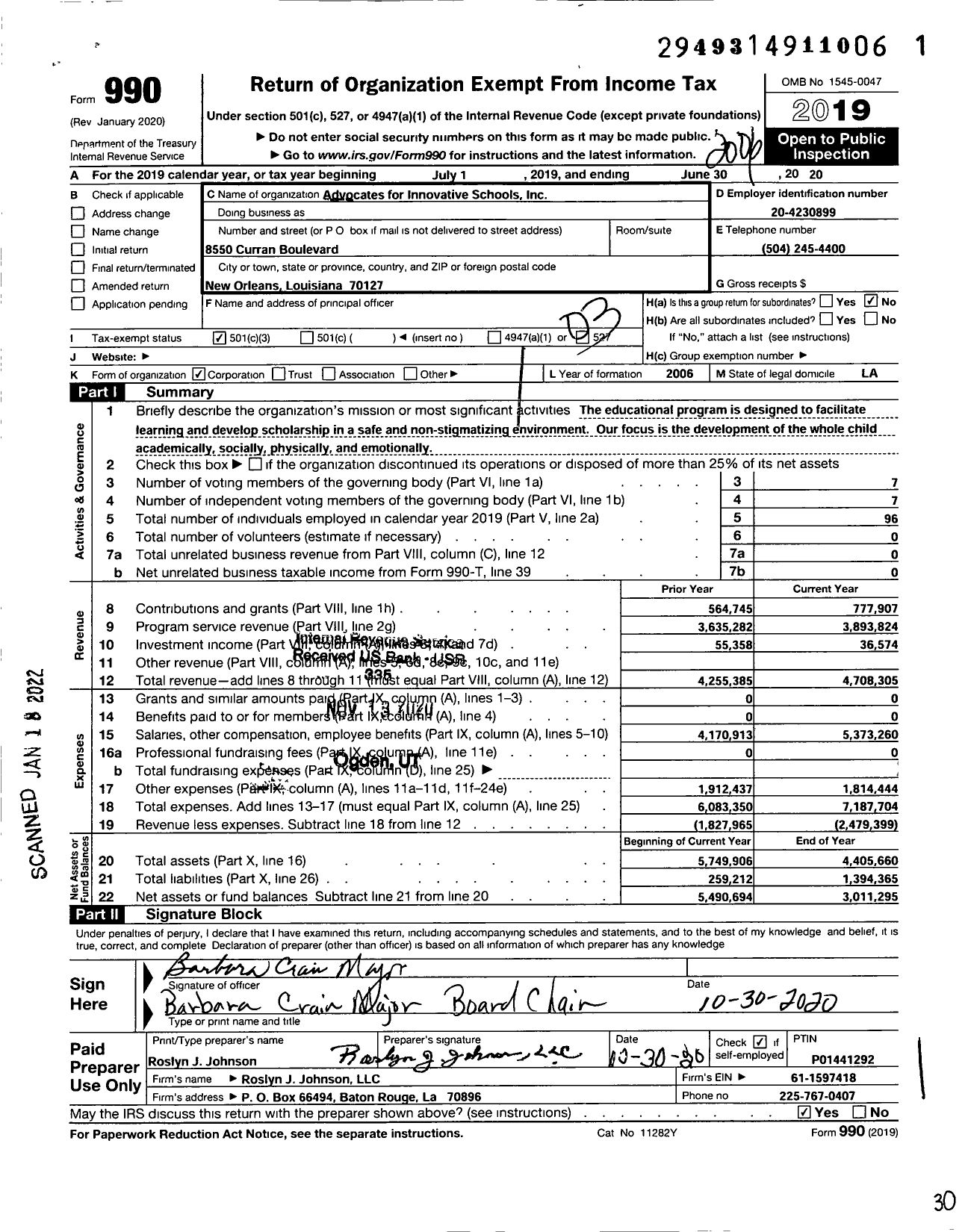 Image of first page of 2019 Form 990 for Advocates for Innovative Schools