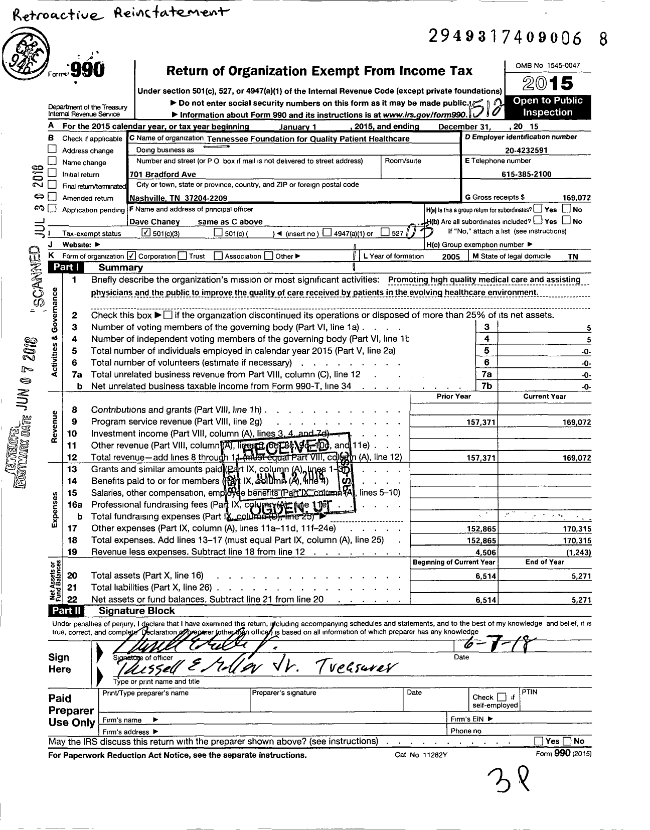 Image of first page of 2015 Form 990 for Tennessee Foundation for Quality Patient Healthcare